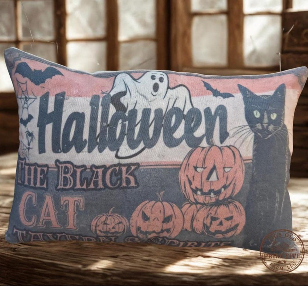 Vintage Black Cat Halloween Pillow | Primitive Farmhouse Rustic Shelf Sitter