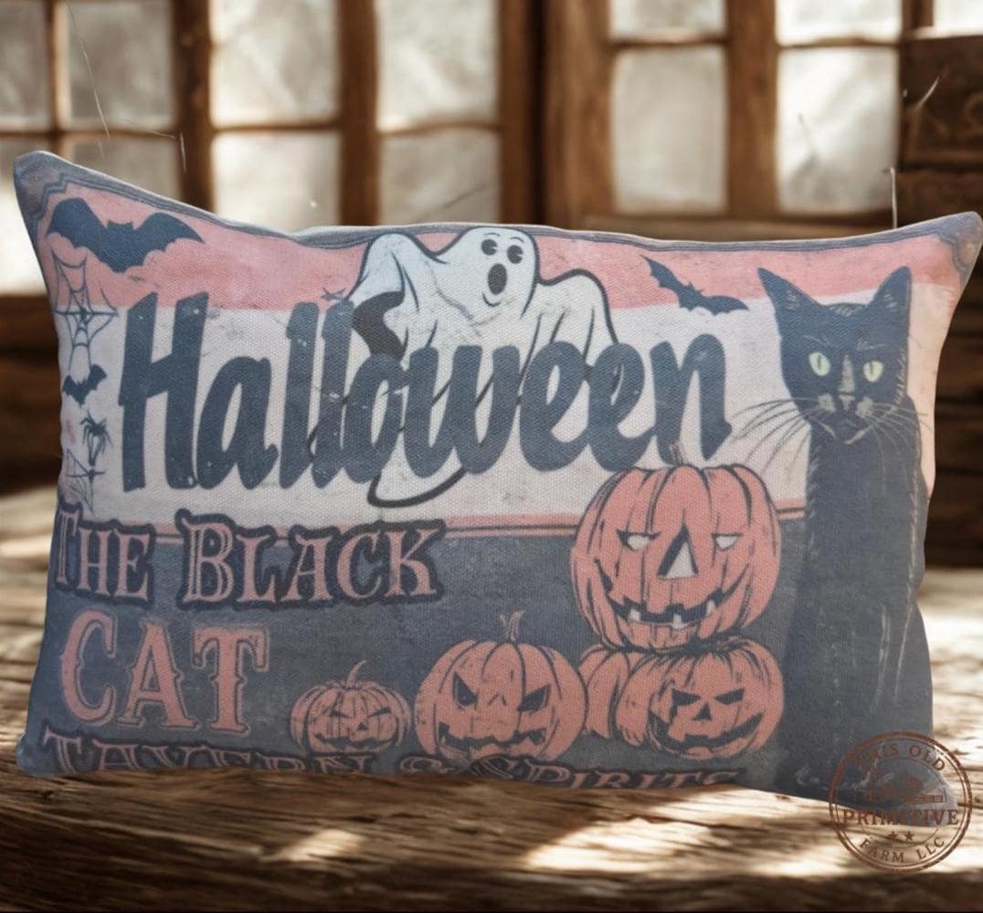Vintage Black Cat Halloween Pillow | Primitive Farmhouse Rustic Shelf Sitter