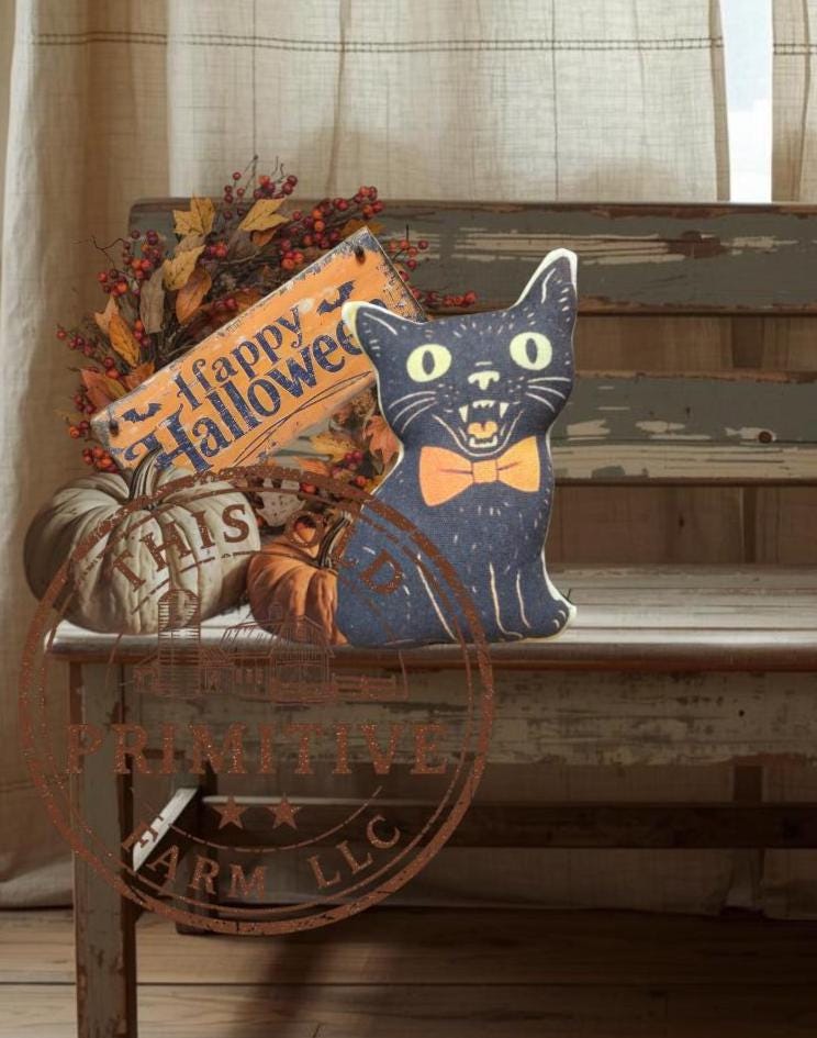 Primitive Halloween Black Cat Pillow Tuck | Spooky Kitty Shelf Sitter | Small Handmade Farmhouse Decor