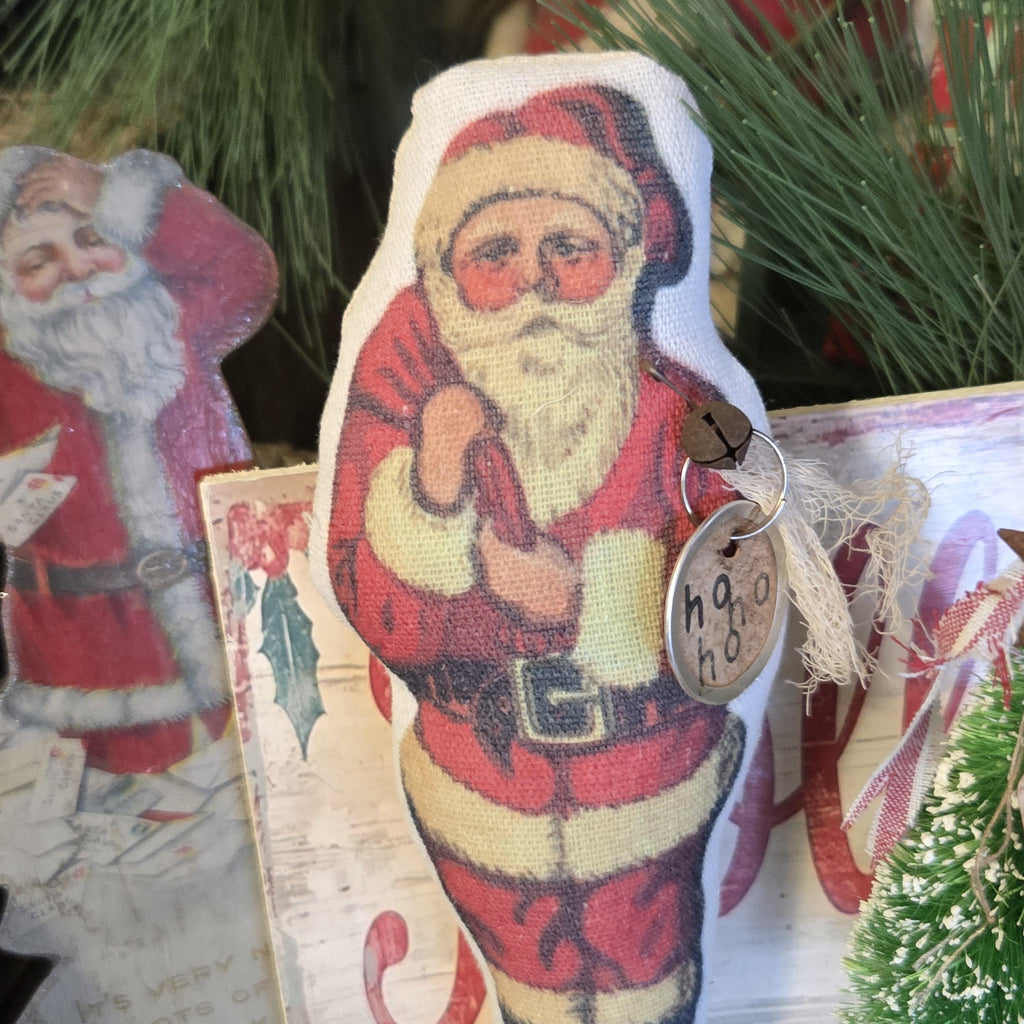 Primitive Santa Christmas Decor | Rustic Farmhouse Santa Gift | Bottle Brush Tree with Rusty Star on Wooden Spool | Nostalgic Holiday Shelf