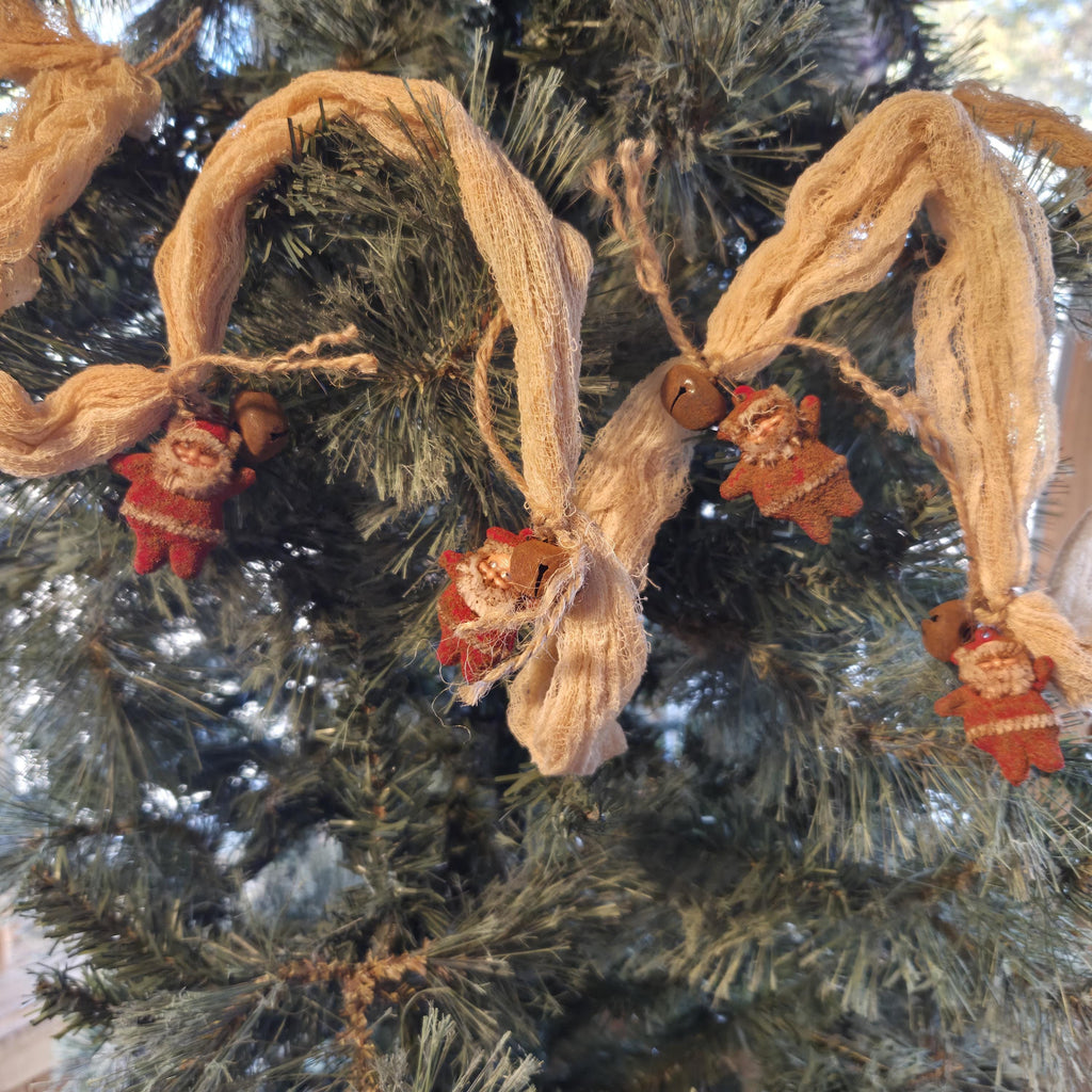 Farmhouse Christmas Garland: 4ft Coffee Stained Cheesecloth with Bells, Vintage Santa