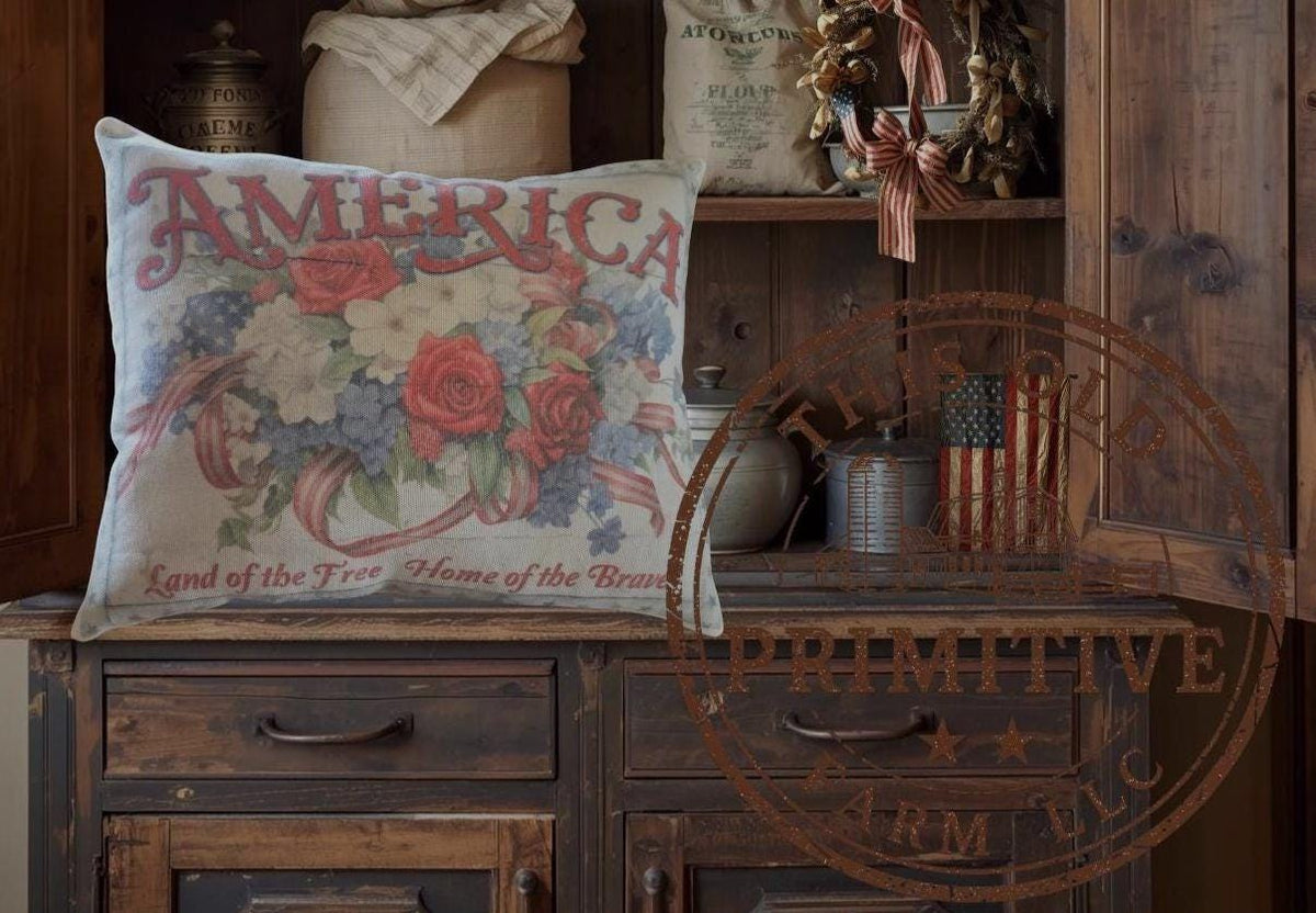 Primitive America Floral Pillow | Patriotic Farmhouse Decor, Folk Art Accent