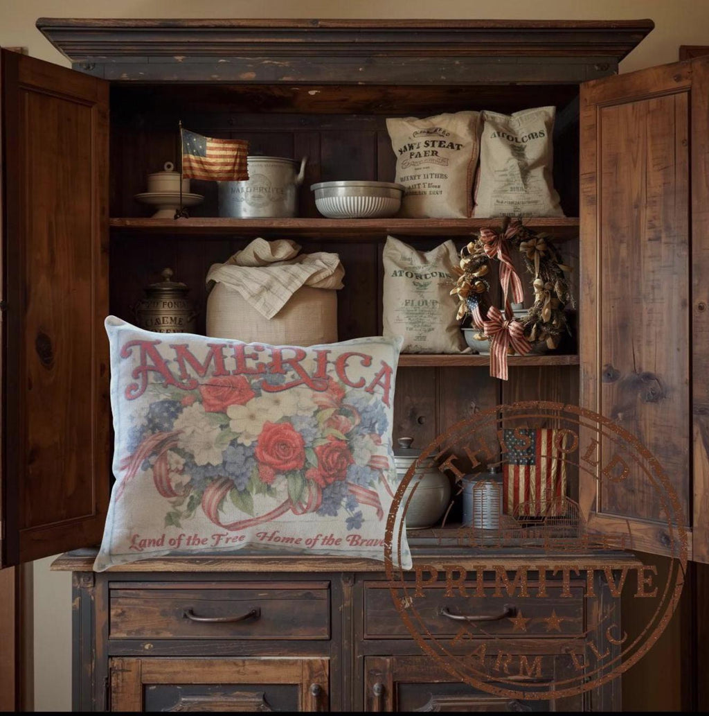 Primitive America Floral Pillow | Patriotic Farmhouse Decor, Folk Art Accent