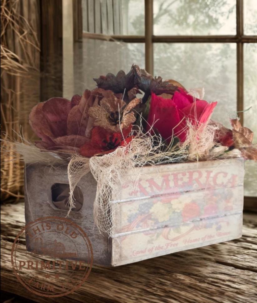 Primitive Americana Crate Display | Rustic Farmhouse Patriotic Floral Decor