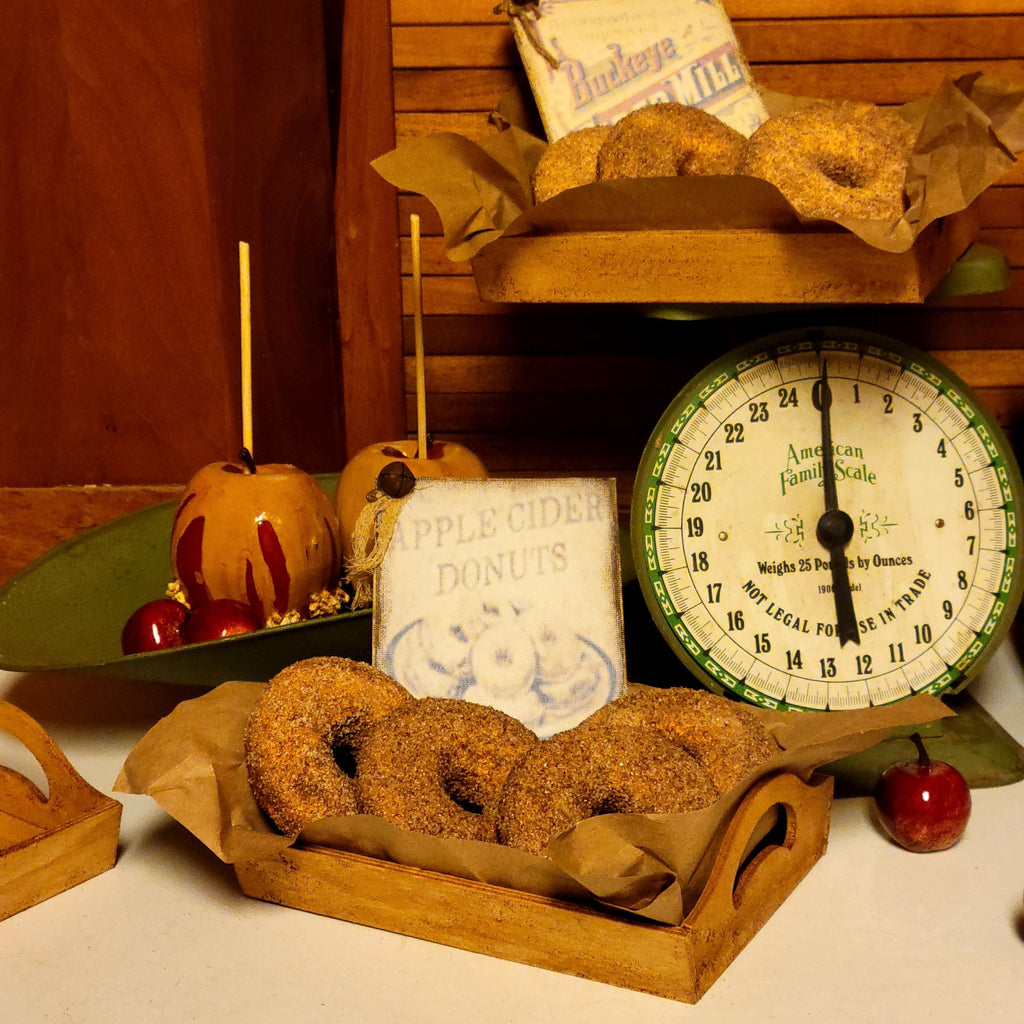 Faux Primitive Cinnamon Sugar Donuts Display | Rustic Wooden Tray, Aged Cider Mill Sign