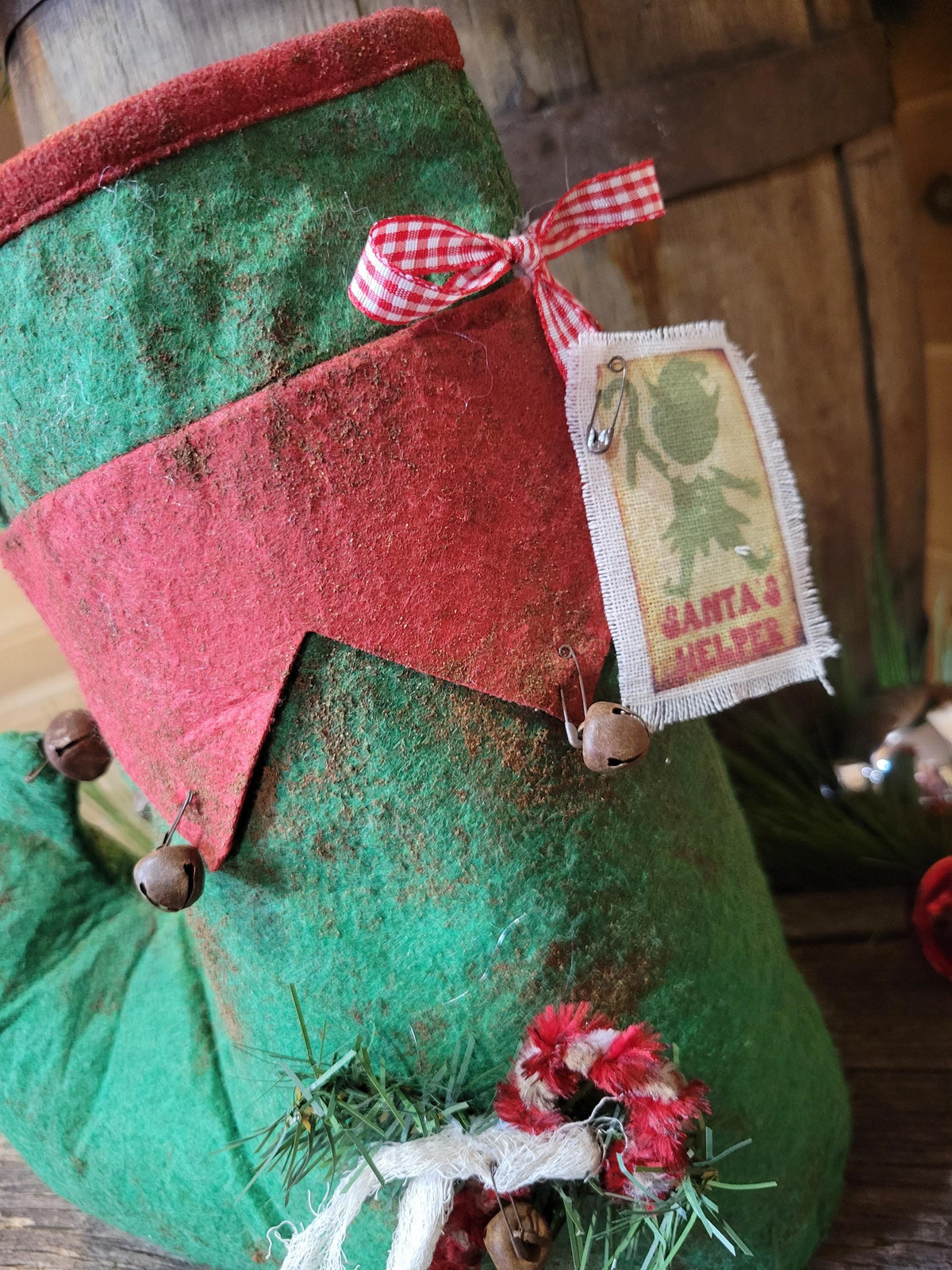 Primitive Elf Boot Christmas Decor, Santa's Helper, Rustic Farmhouse Shelf Sitter