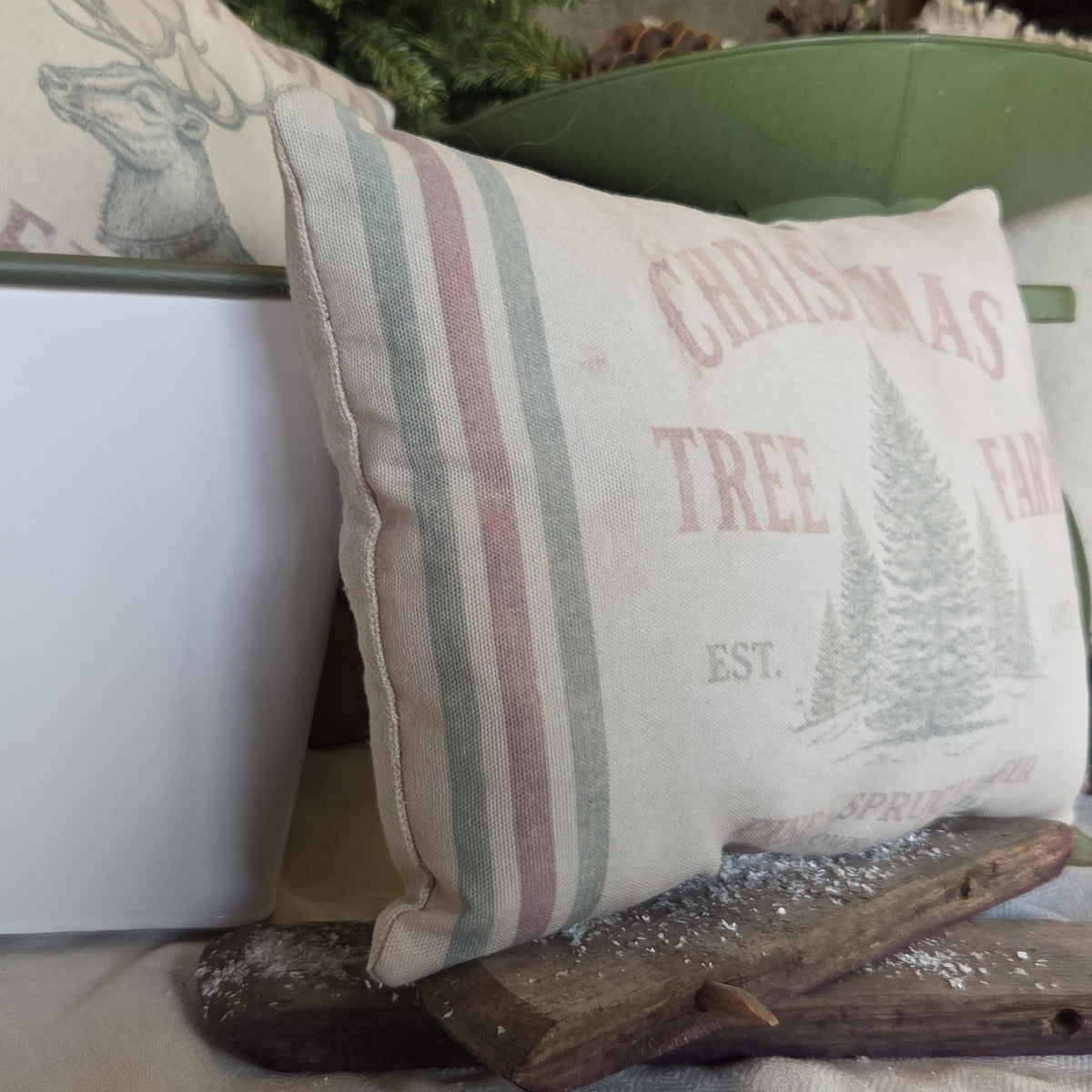 Primitive Christmas Tree Farm Pillow 12x9, Vintage Feedsack Christmas Pillow, Rustic Farmhouse Holiday Decor, Country Christmas Shelf Sitter