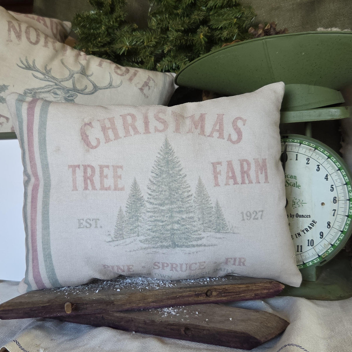 Primitive Christmas Tree Farm Pillow 12x9, Vintage Feedsack Christmas Pillow, Rustic Farmhouse Holiday Decor, Country Christmas Shelf Sitter