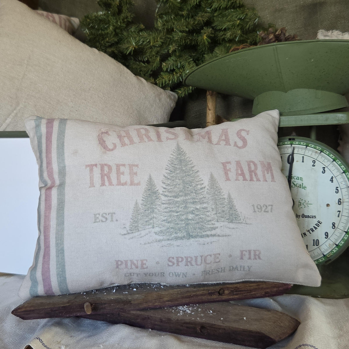 Primitive Christmas Tree Farm Pillow 12x9, Vintage Feedsack Christmas Pillow, Rustic Farmhouse Holiday Decor, Country Christmas Shelf Sitter