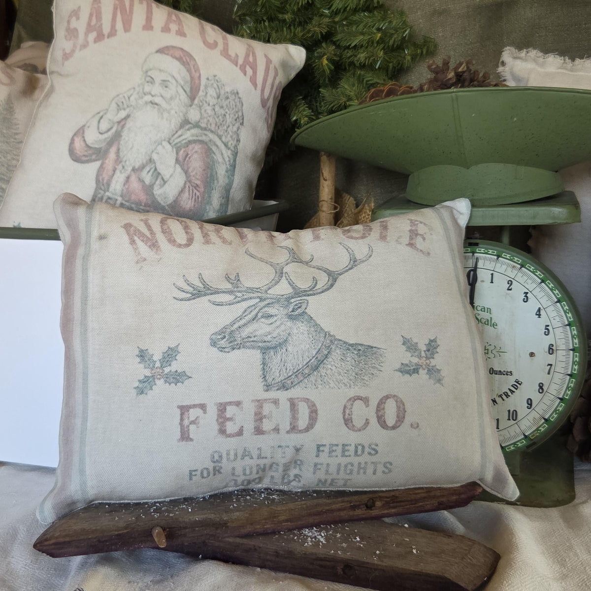 Primitive Christmas Pillow 12x9, North Pole Reindeer Feed Co Pillow, Vintage Feedsack Christmas Decor, Rustic Farmhouse Shelf Sitter
