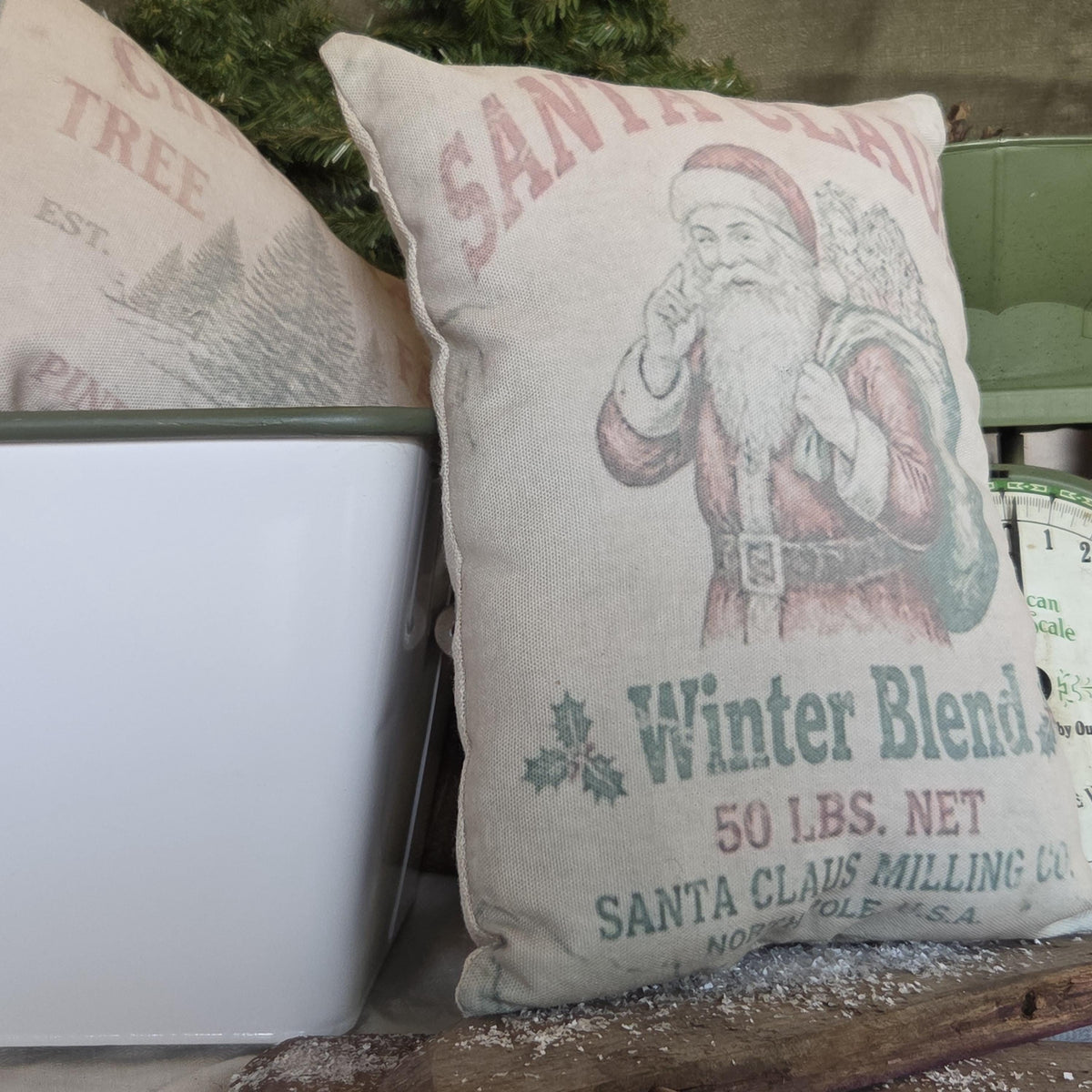 Primitive Santa Christmas Pillow 9x12, Vintage Feedsack Pillow, Old Fashioned Santa, Country Farmhouse Christmas Decor, Shelf Sitter