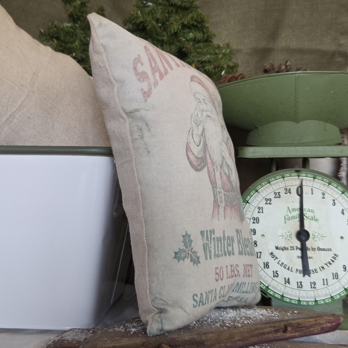 Primitive Santa Christmas Pillow 9x12, Vintage Feedsack Pillow, Old Fashioned Santa, Country Farmhouse Christmas Decor, Shelf Sitter