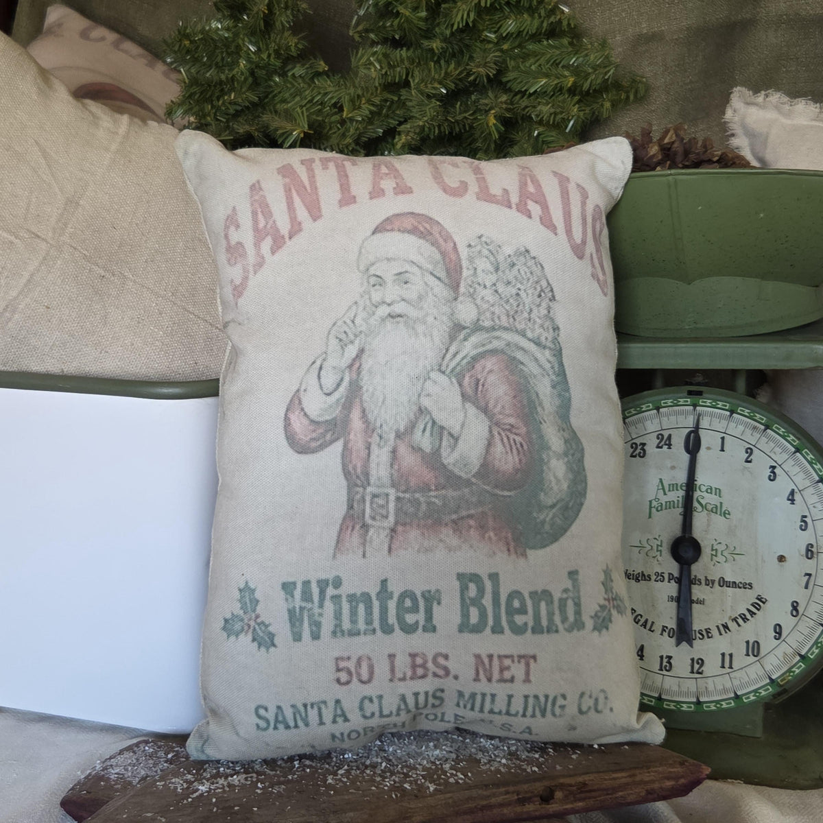 Primitive Santa Christmas Pillow 9x12, Vintage Feedsack Pillow, Old Fashioned Santa, Country Farmhouse Christmas Decor, Shelf Sitter