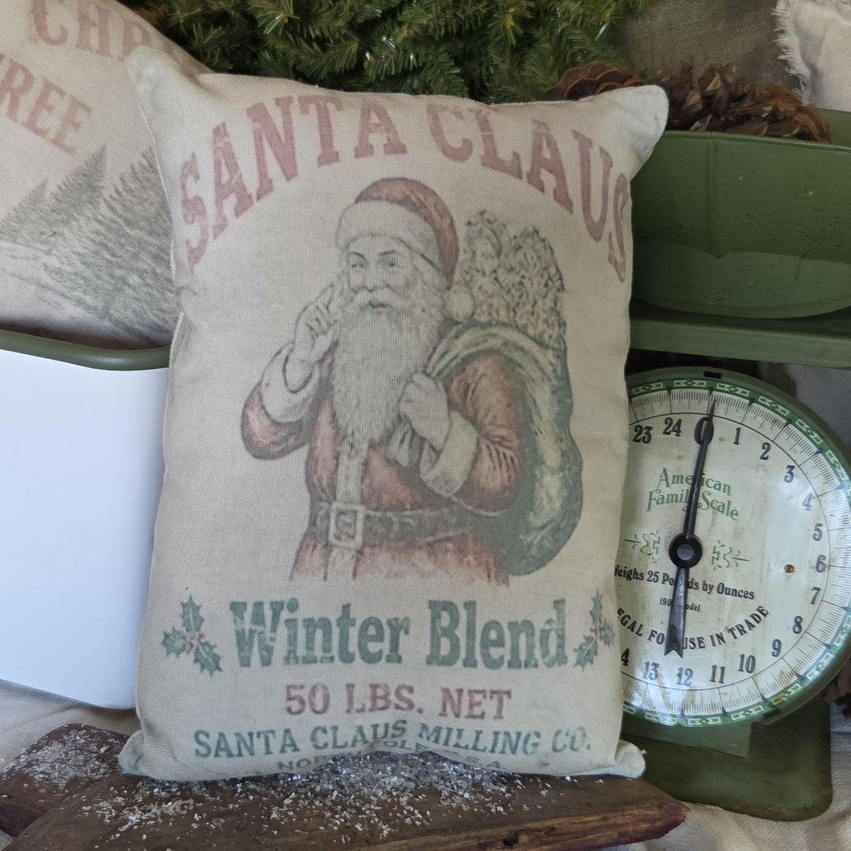 Primitive Santa Christmas Pillow 9x12, Vintage Feedsack Pillow, Old Fashioned Santa, Country Farmhouse Christmas Decor, Shelf Sitter