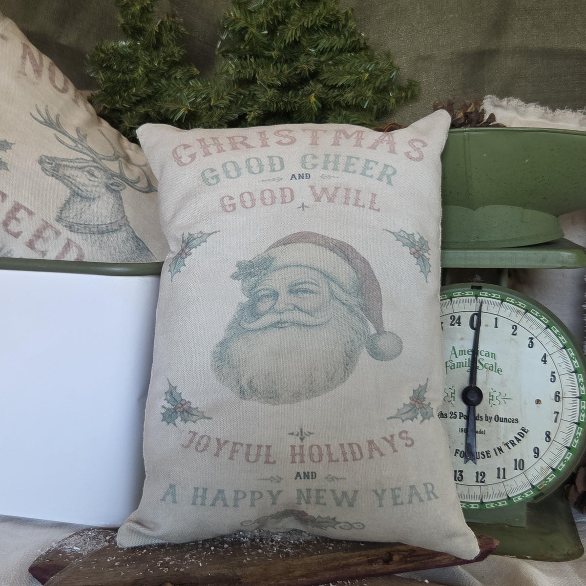 Primitive Santa Christmas Pillow 9x12, Vintage Christmas Good Cheer Pillow, Old Fashioned Santa Decor, Farmhouse Holiday Shelf Sitter