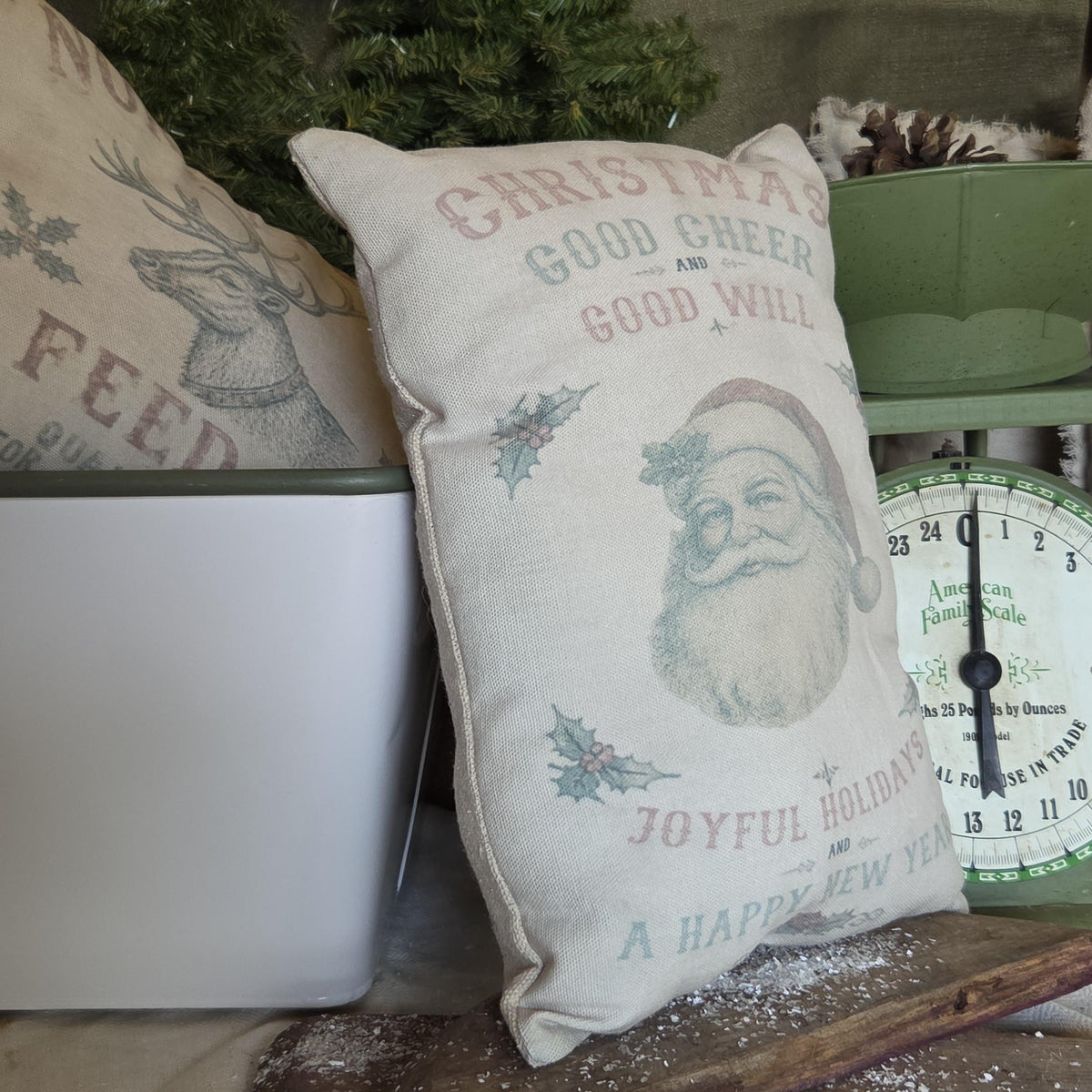 Primitive Santa Christmas Pillow 9x12, Vintage Christmas Good Cheer Pillow, Old Fashioned Santa Decor, Farmhouse Holiday Shelf Sitter