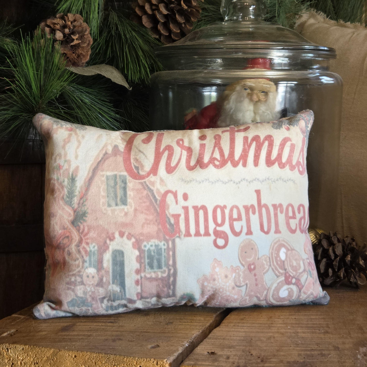Primitive Gingerbread House Pillow, Vintage Christmas Decor, Farmhouse Shelf Sitter (12x8)