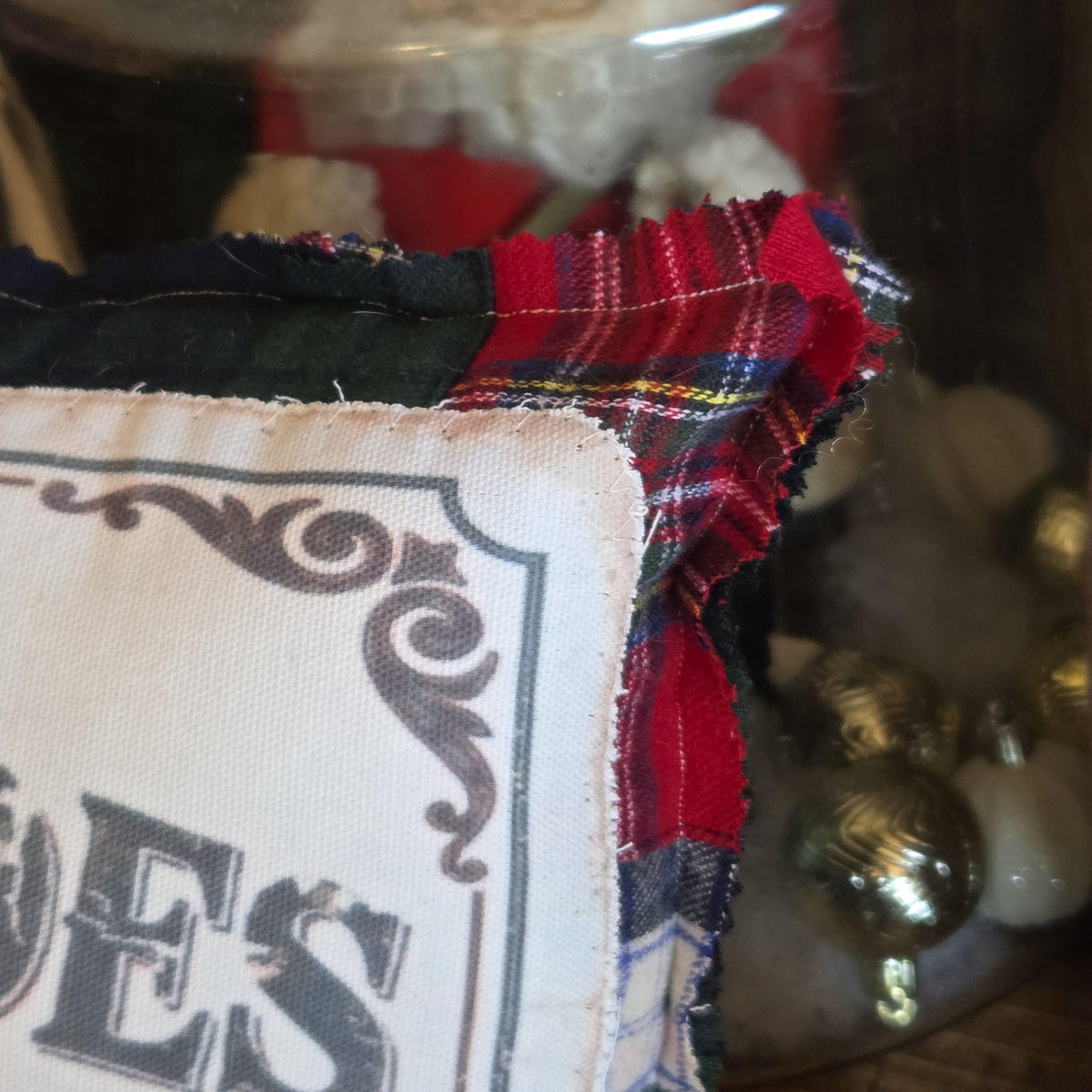 Primitive Sleigh Ride Pillow, Vintage Christmas Decor, Pieced Plaid Farmhouse Accent (14x12)
