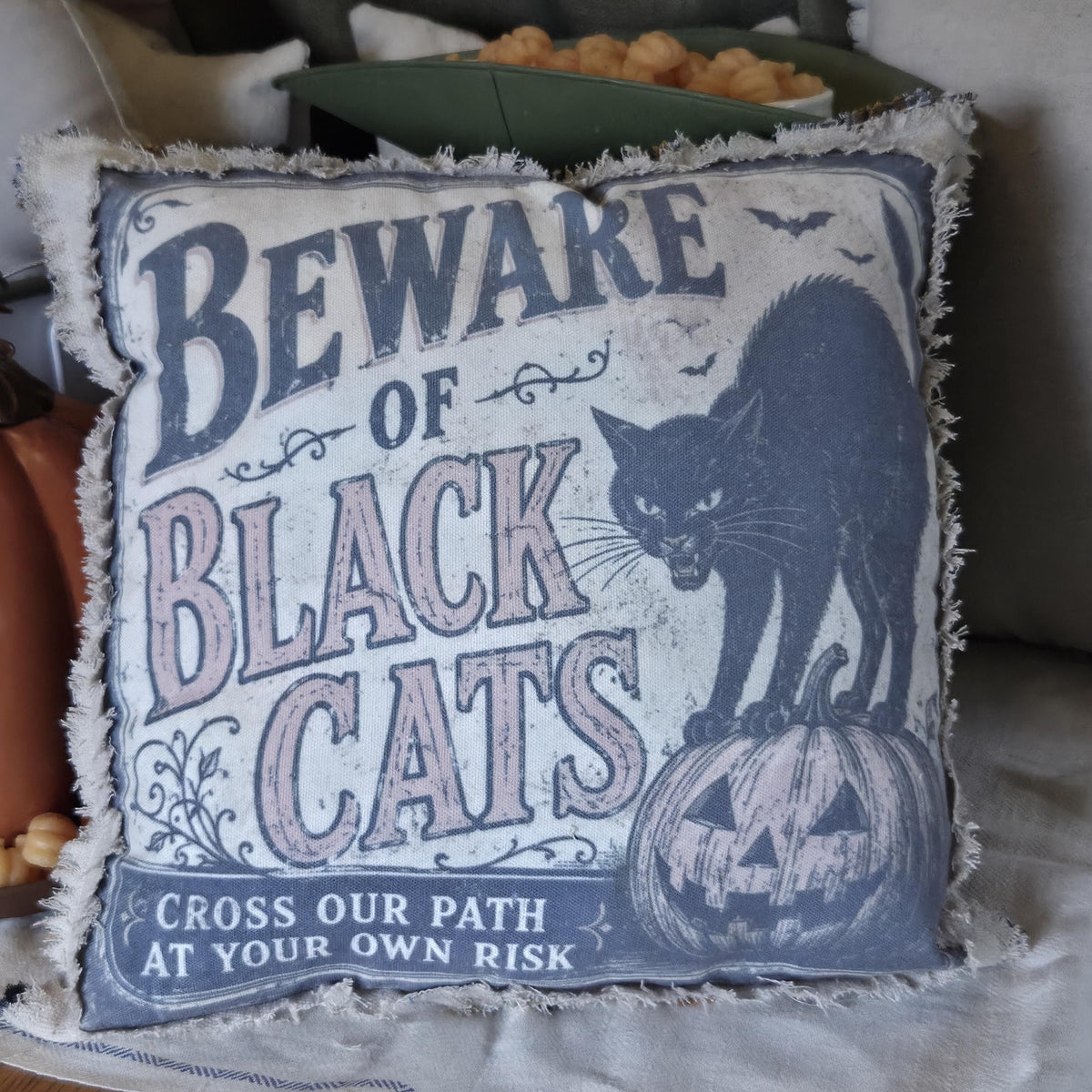 Primitive Halloween Black Cat Pillow, Vintage Halloween Decor, 13x13 Farmhouse Pillow, Rustic Jack O Lantern Shelf Sitter