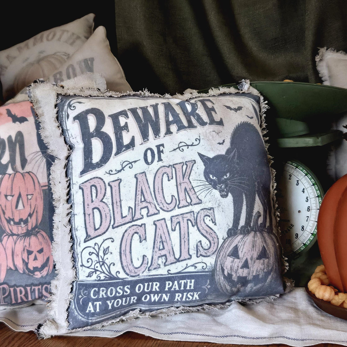 Primitive Halloween Black Cat Pillow, Vintage Halloween Decor, 13x13 Farmhouse Pillow, Rustic Jack O Lantern Shelf Sitter