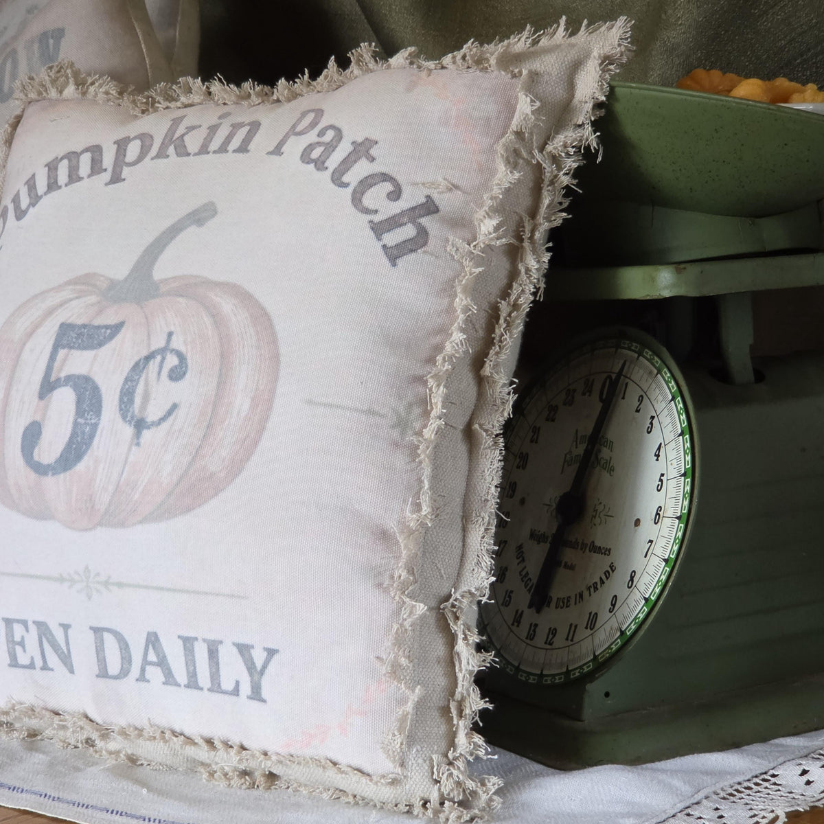Vintage inspired Pumpkin Patch Pillow, Handmade 13x13 Fall Pillow, Primitive Farmhouse Autumn Decor, Hand Frayed Rustic Pumpkin Shelf Pillow