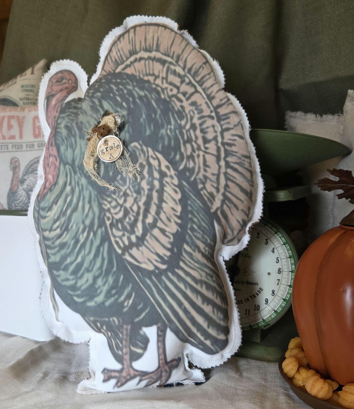 Large Vintage Turkey Shaped Pillow, 19 Inch Thanksgiving Statement Piece, Handmade Farmhouse Fall Harvest Decor, Folk Art Turkey