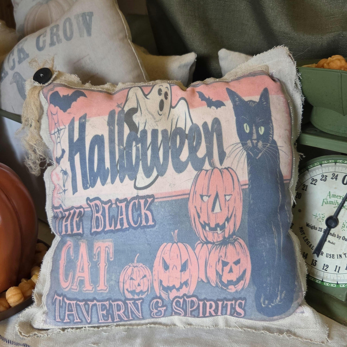 Vintage Halloween Black Cat Pillow, Handmade 13 Inch Halloween Pillow, Black Cat Tavern & Spirits, Farmhouse Folk Art Decor 13 x 13