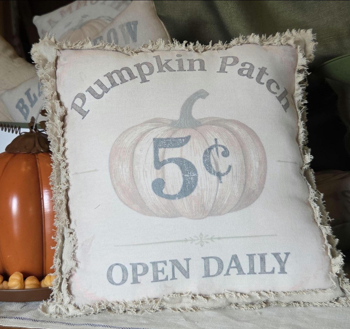 Vintage inspired Pumpkin Patch Pillow, Handmade 13x13 Fall Pillow, Primitive Farmhouse Autumn Decor, Hand Frayed Rustic Pumpkin Shelf Pillow