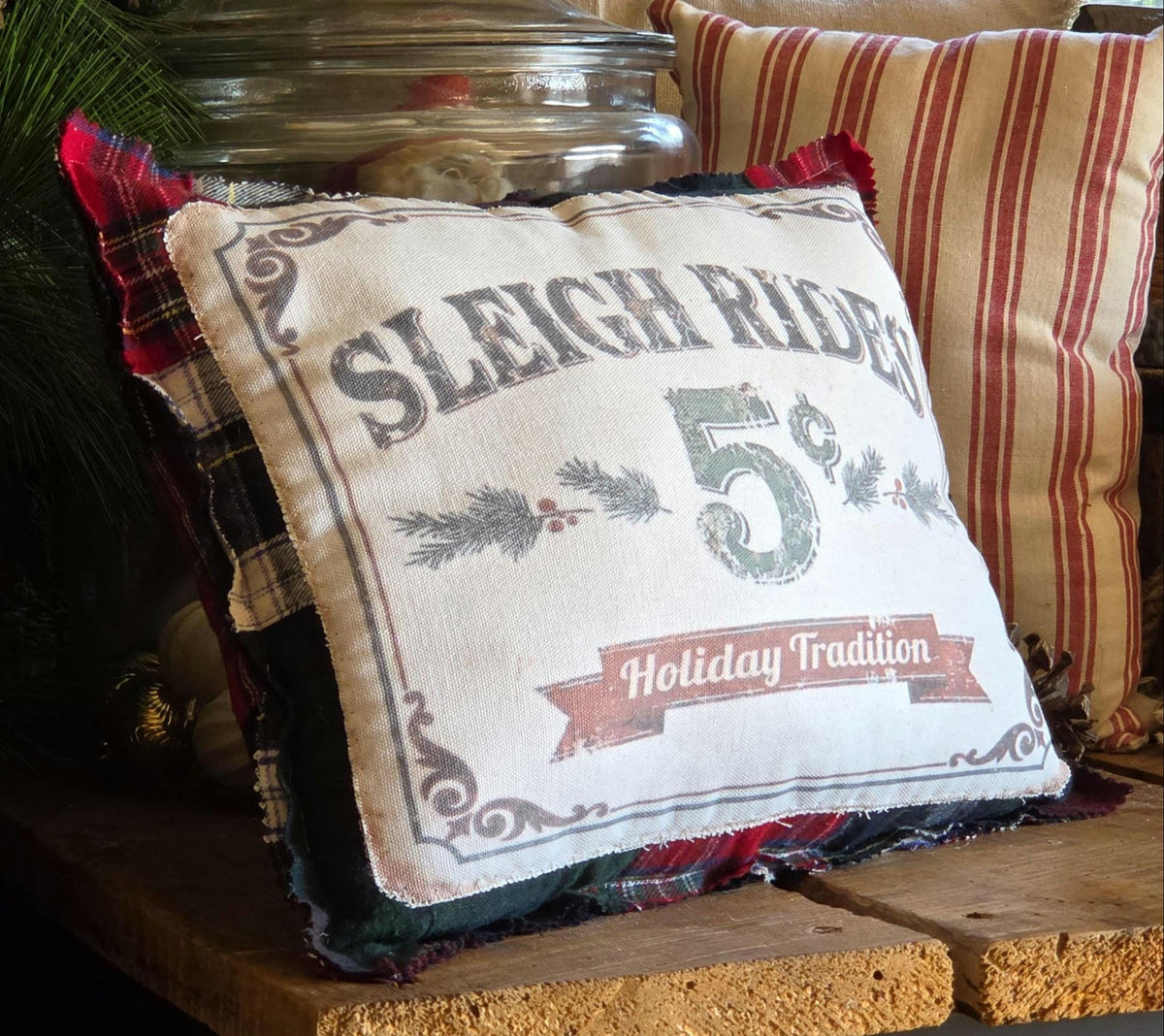 Primitive Sleigh Ride Pillow, Vintage Christmas Decor, Pieced Plaid Farmhouse Accent (14x12)
