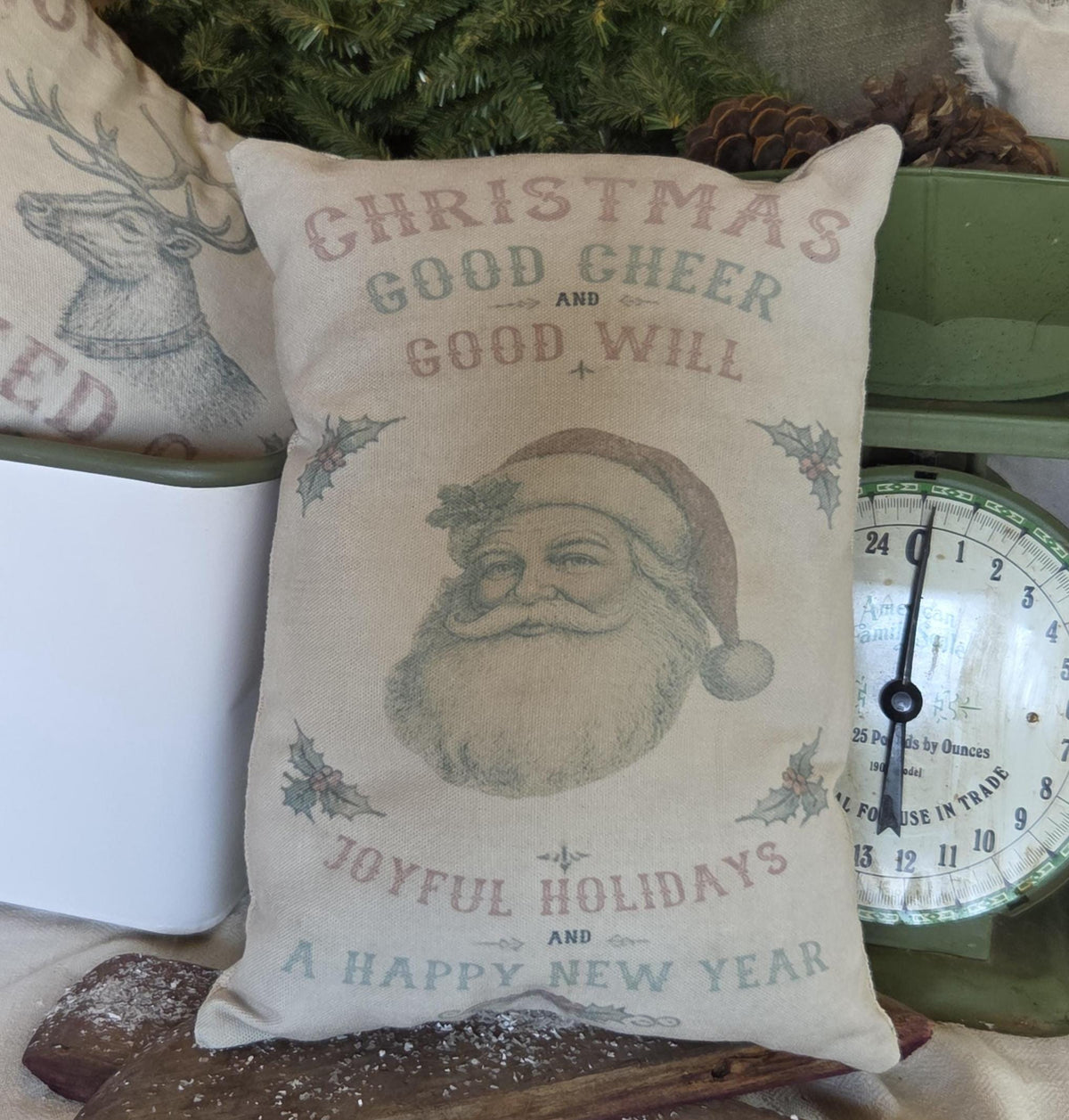 Primitive Santa Christmas Pillow 9x12, Vintage Christmas Good Cheer Pillow, Old Fashioned Santa Decor, Farmhouse Holiday Shelf Sitter