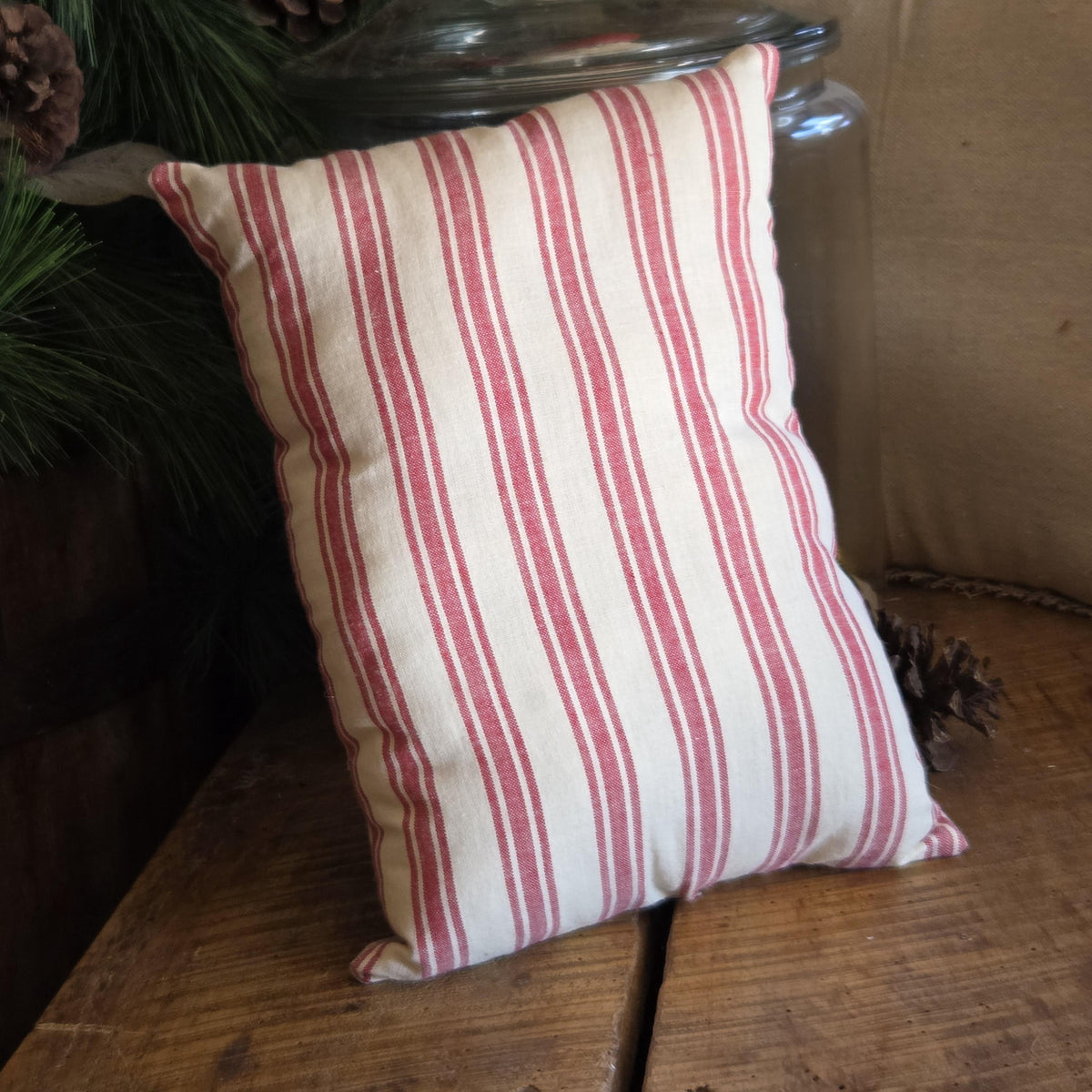 Vintage Santa Christmas Pillow, 12x8 North Pole Pillow, Handmade Christmas Decor, Red Ticking Farmhouse Folk Art Pillow