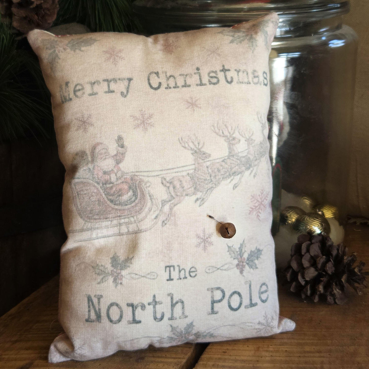Vintage Santa Christmas Pillow, 12x8 North Pole Pillow, Handmade Christmas Decor, Red Ticking Farmhouse Folk Art Pillow