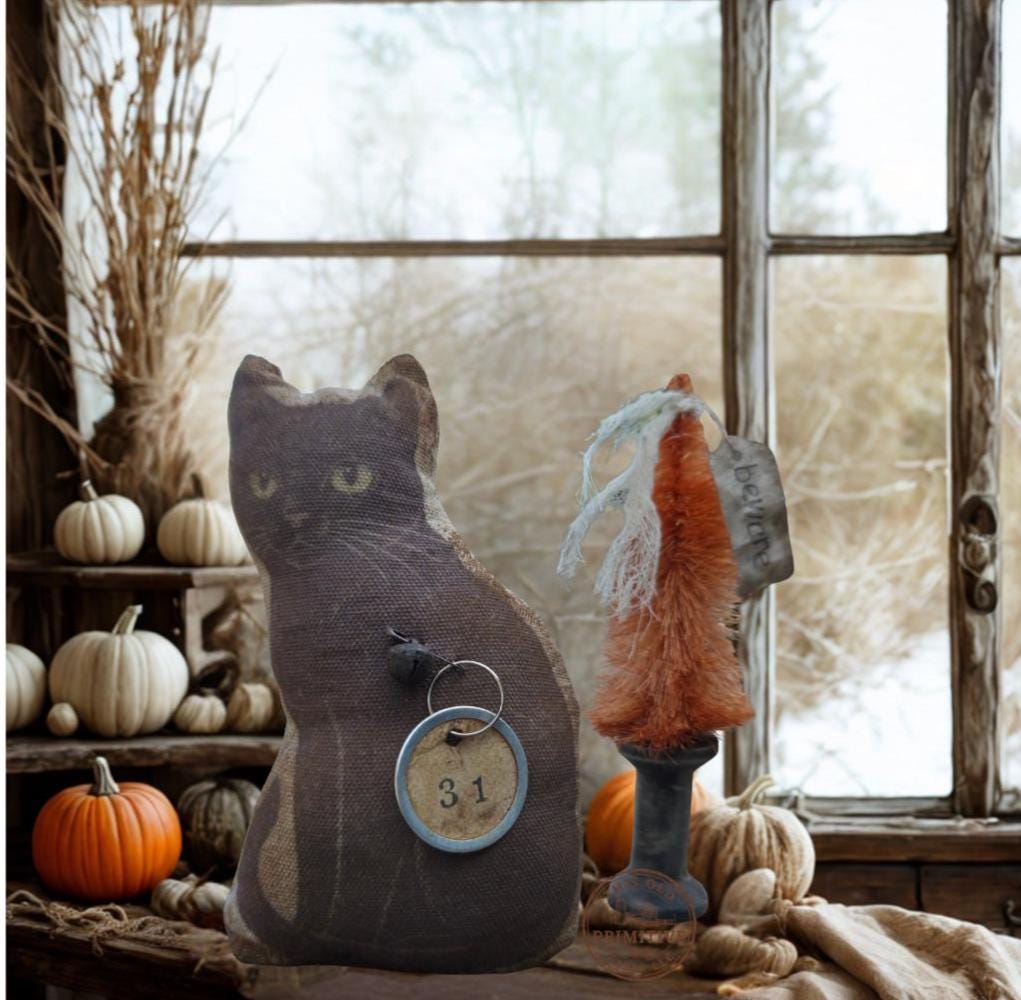 Primitive Halloween Black Cat & Orange Bottle Brush Tree | Cinnamon Grunged Folk Art | Handmade Rustic Halloween Decor
