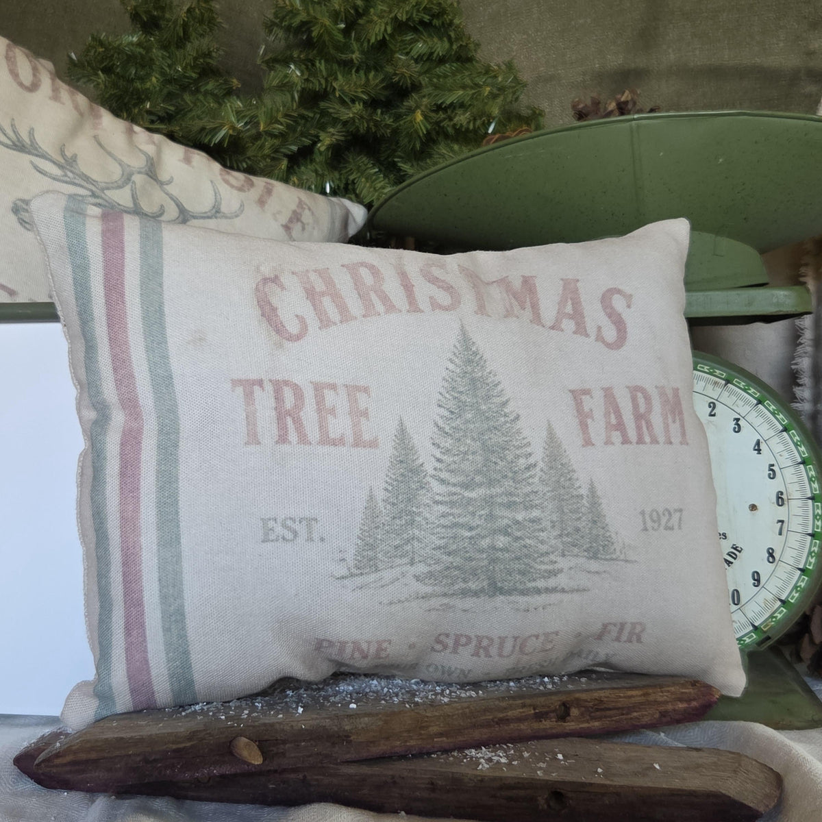 Primitive Christmas Tree Farm Pillow 12x9, Vintage Feedsack Christmas Pillow, Rustic Farmhouse Holiday Decor, Country Christmas Shelf Sitter