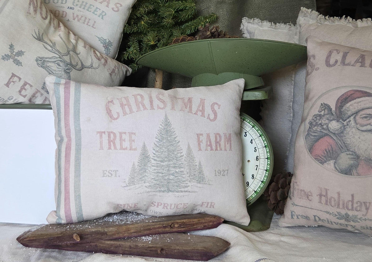 Primitive Christmas Tree Farm Pillow 12x9, Vintage Feedsack Christmas Pillow, Rustic Farmhouse Holiday Decor, Country Christmas Shelf Sitter