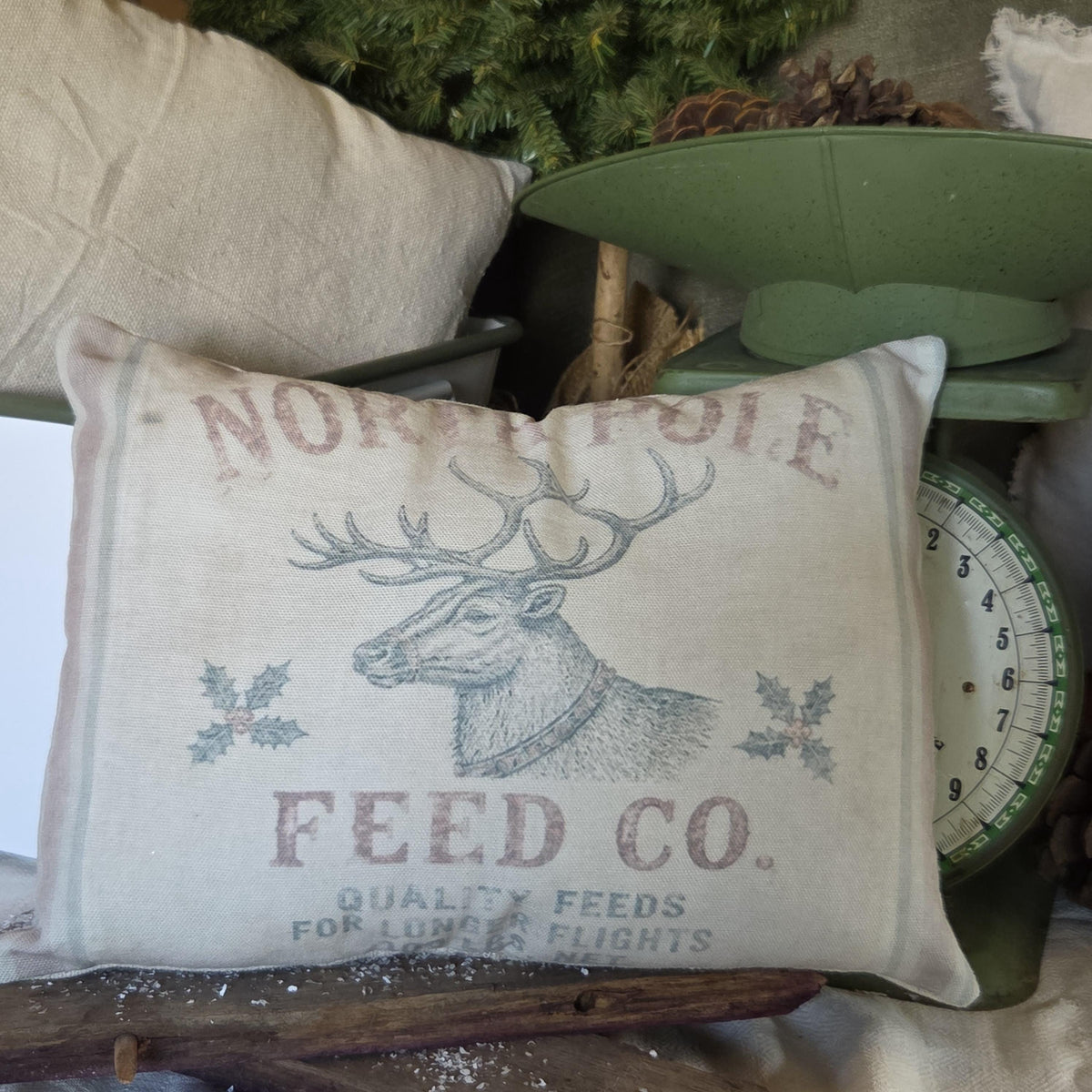 Primitive Christmas Pillow 12x9, North Pole Reindeer Feed Co Pillow, Vintage Feedsack Christmas Decor, Rustic Farmhouse Shelf Sitter