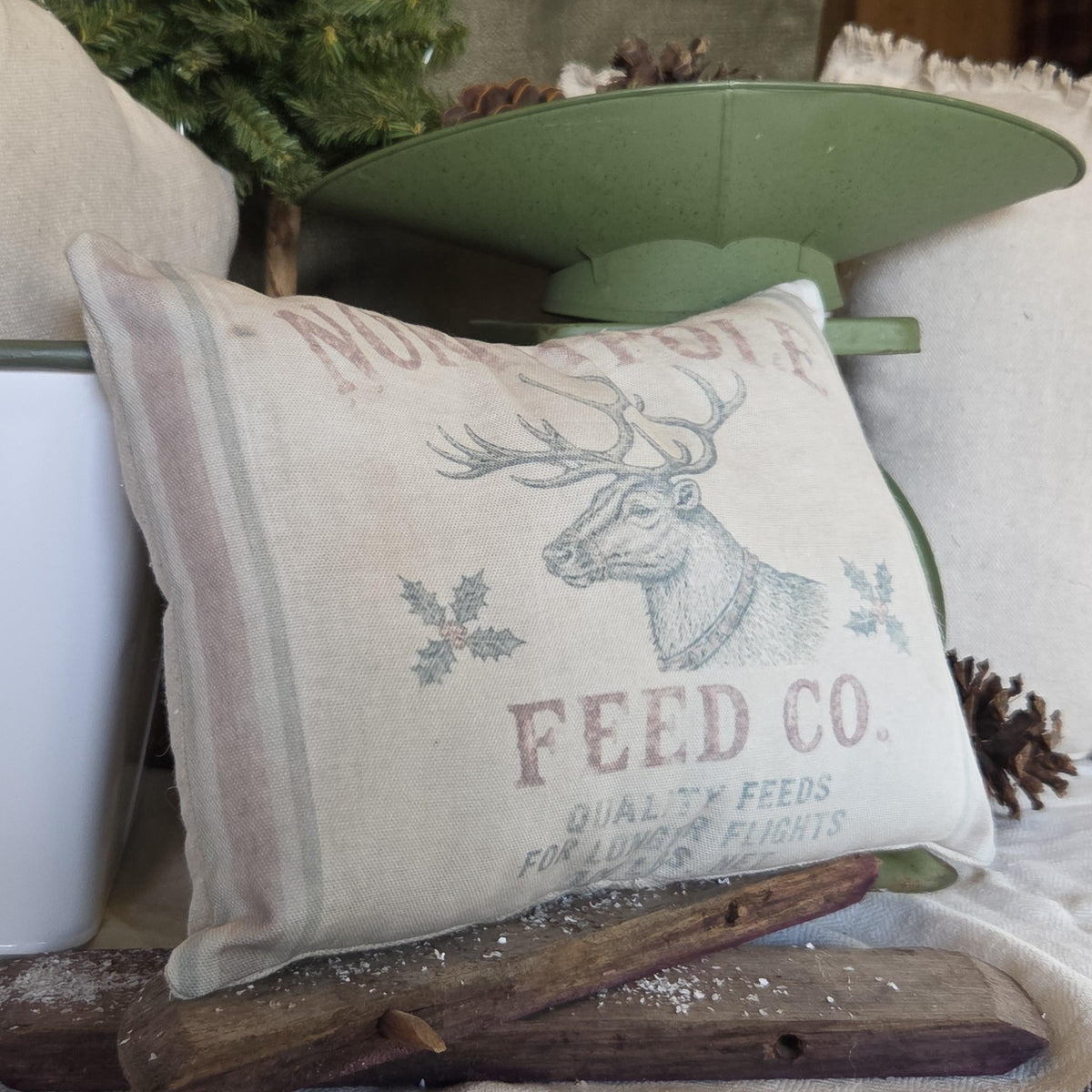 Primitive Christmas Pillow 12x9, North Pole Reindeer Feed Co Pillow, Vintage Feedsack Christmas Decor, Rustic Farmhouse Shelf Sitter