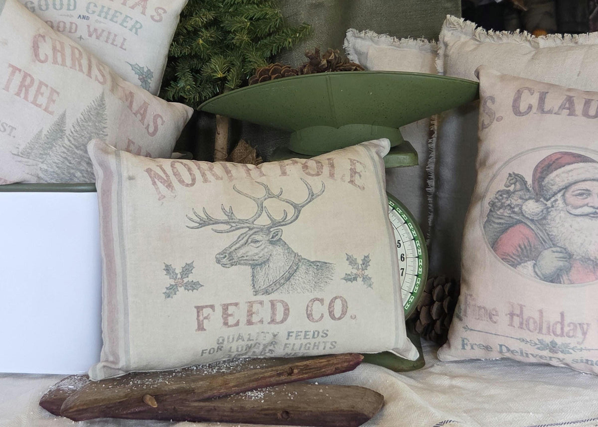 Primitive Christmas Pillow 12x9, North Pole Reindeer Feed Co Pillow, Vintage Feedsack Christmas Decor, Rustic Farmhouse Shelf Sitter