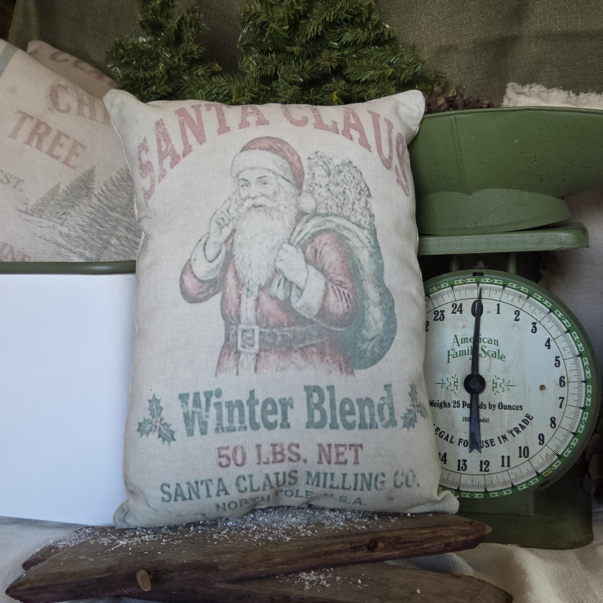 Primitive Santa Christmas Pillow 9x12, Vintage Feedsack Pillow, Old Fashioned Santa, Country Farmhouse Christmas Decor, Shelf Sitter