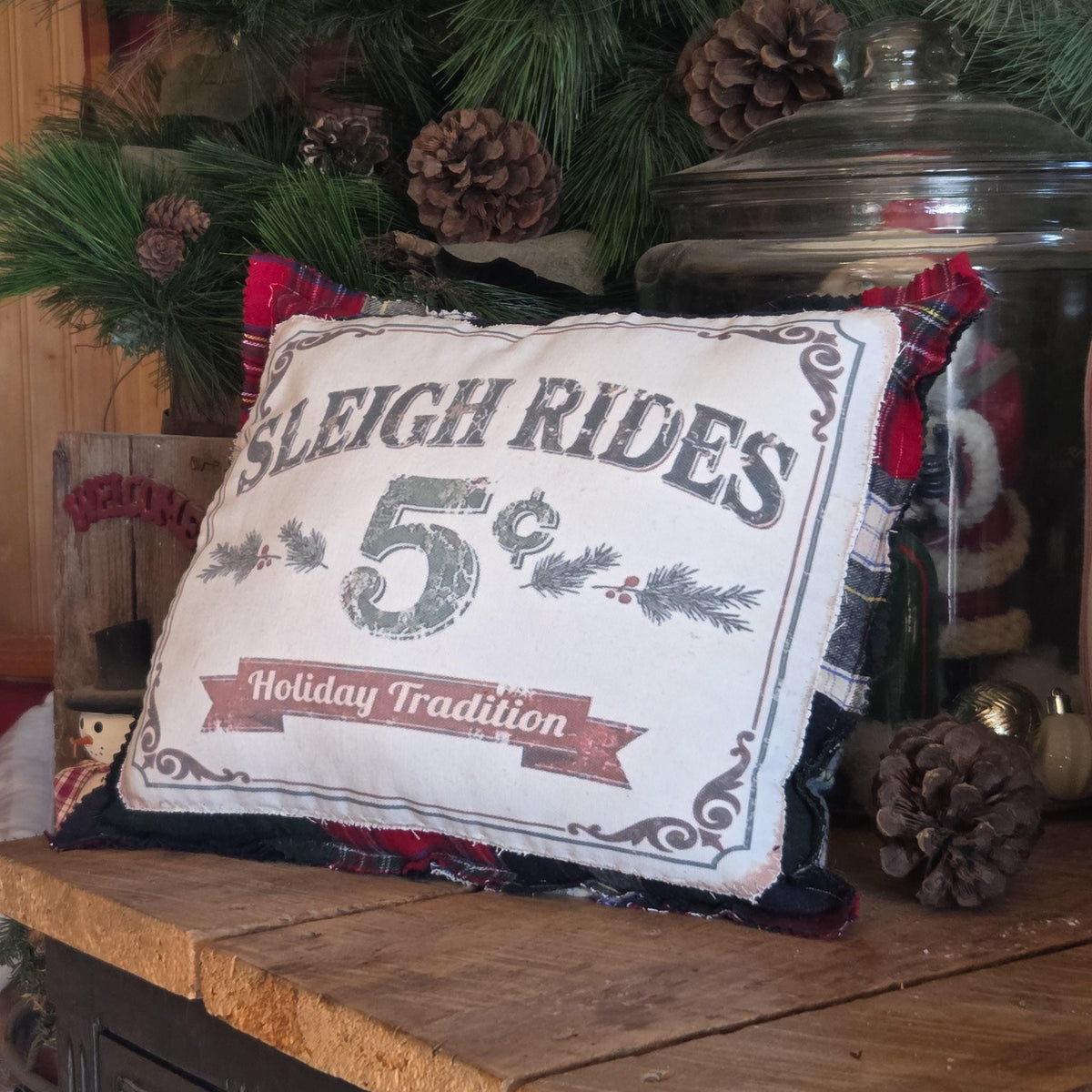 Primitive Sleigh Ride Pillow, Vintage Christmas Decor, Pieced Plaid Farmhouse Accent (14x12)