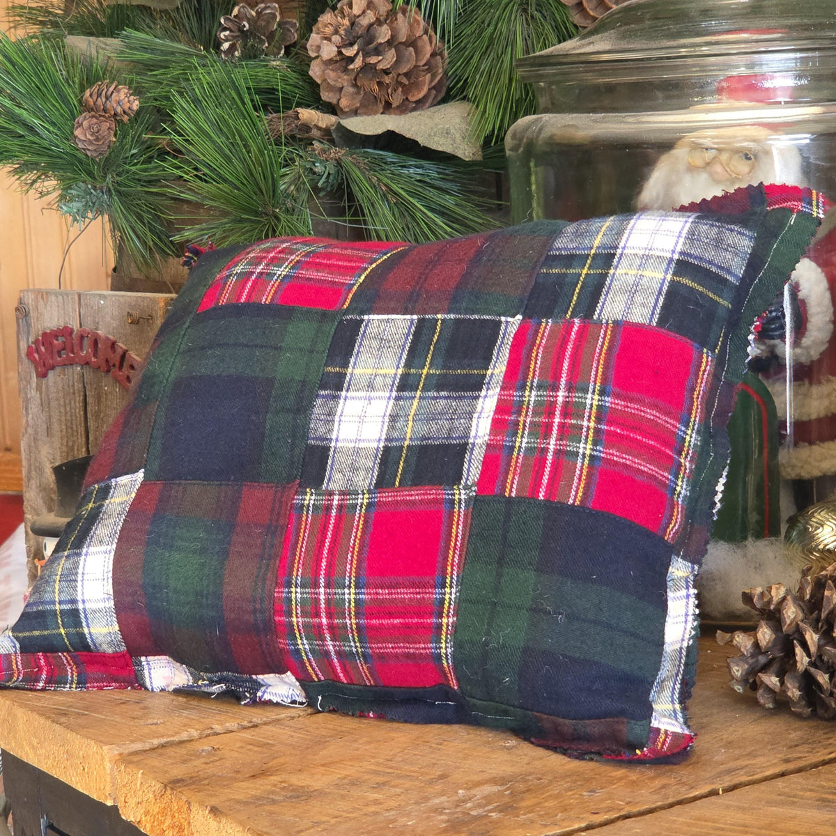 Primitive Sleigh Ride Pillow, Vintage Christmas Decor, Pieced Plaid Farmhouse Accent (14x12)