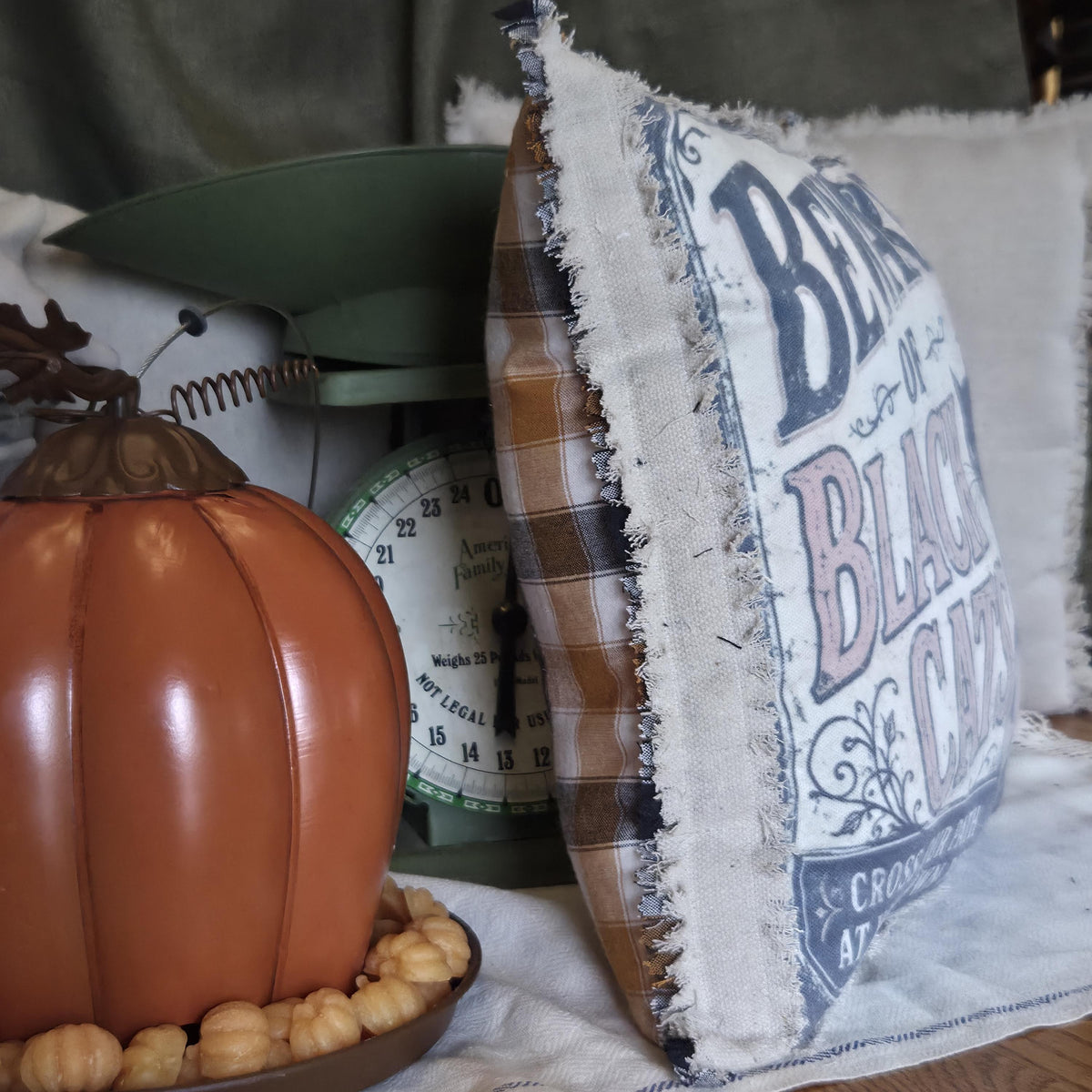 Primitive Halloween Black Cat Pillow, Vintage Halloween Decor, 13x13 Farmhouse Pillow, Rustic Jack O Lantern Shelf Sitter