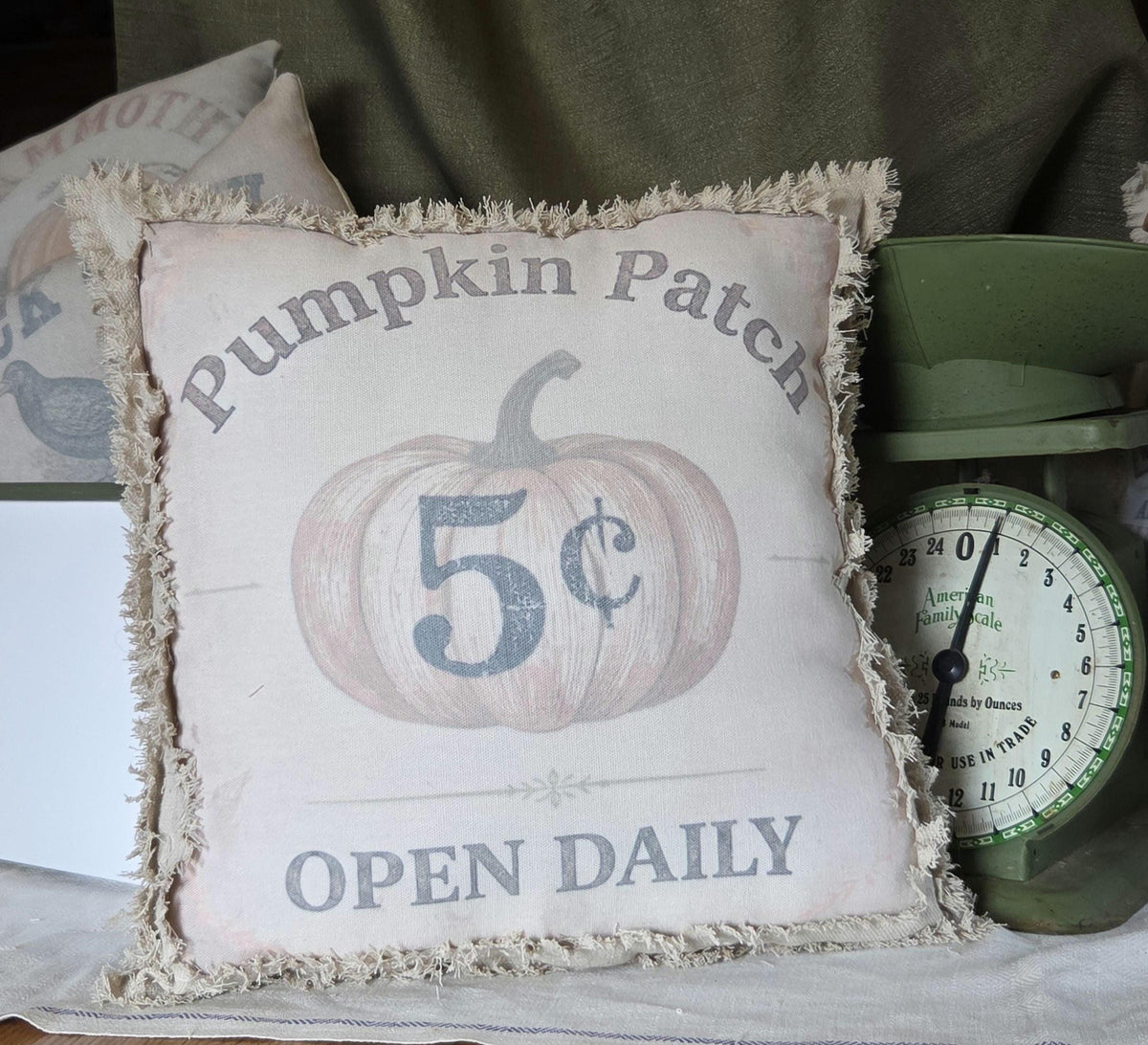 Vintage inspired Pumpkin Patch Pillow, Handmade 13x13 Fall Pillow, Primitive Farmhouse Autumn Decor, Hand Frayed Rustic Pumpkin Shelf Pillow