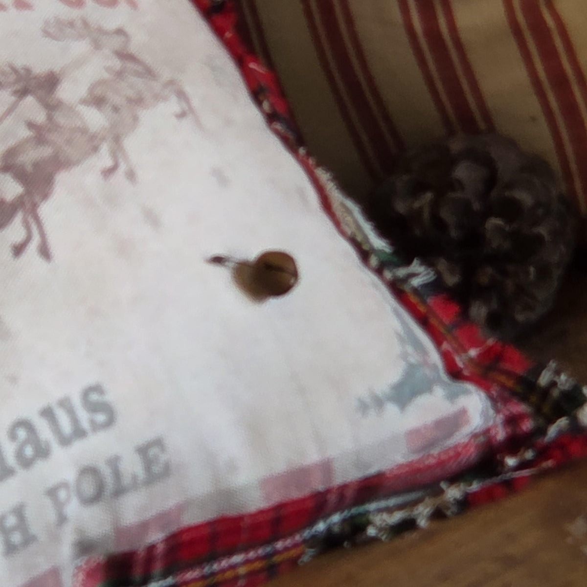 Reversible Santa Christmas Pillow, 14x10 Vintage Christmas Decor, Tartan Flannel Santa Sleigh Pillow, Farmhouse Folk Art