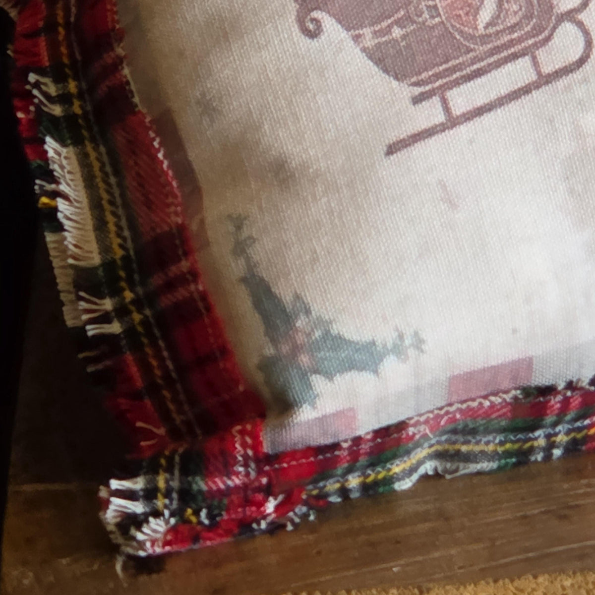 Reversible Santa Christmas Pillow, 14x10 Vintage Christmas Decor, Tartan Flannel Santa Sleigh Pillow, Farmhouse Folk Art