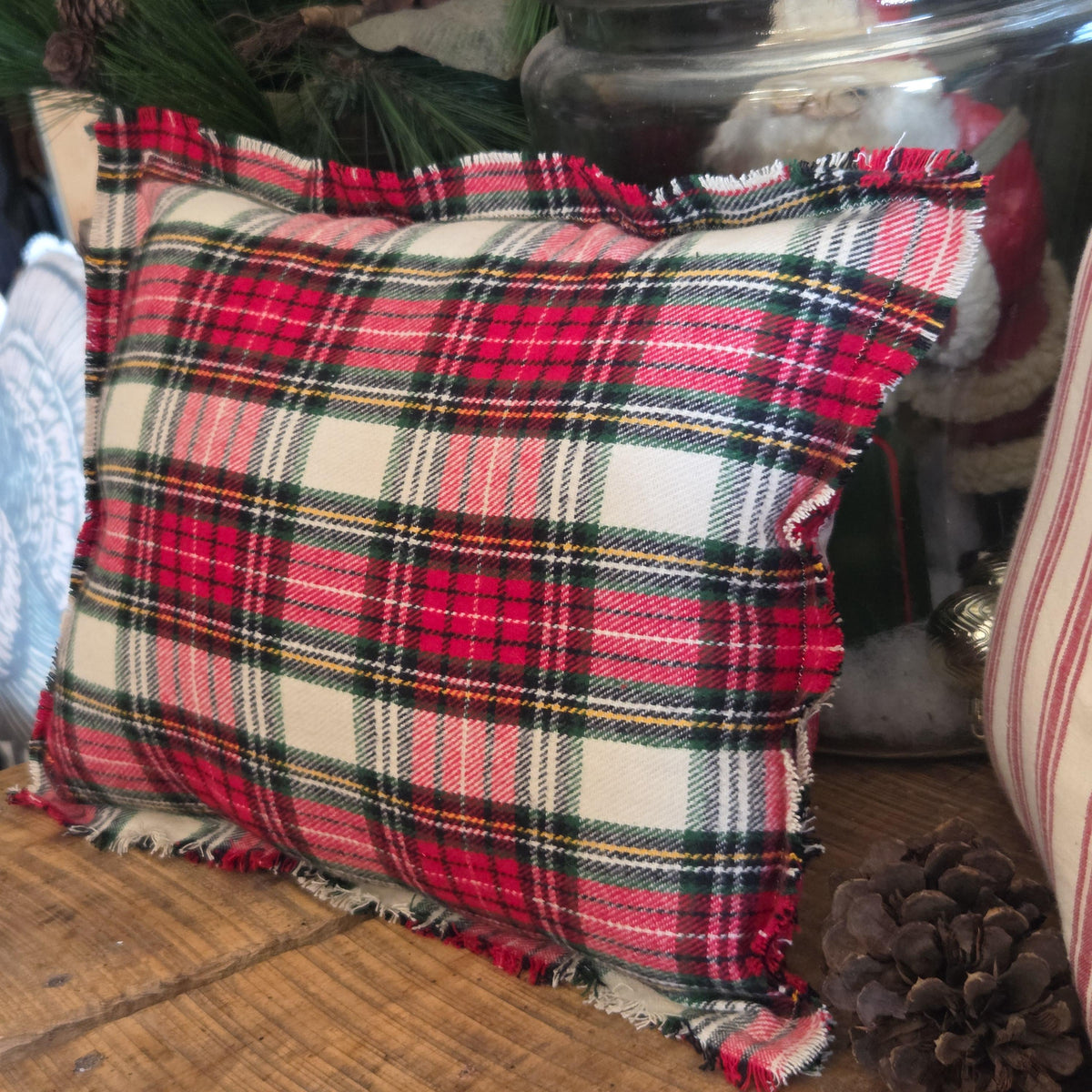 Reversible Santa Christmas Pillow, 14x10 Vintage Christmas Decor, Tartan Flannel Santa Sleigh Pillow, Farmhouse Folk Art