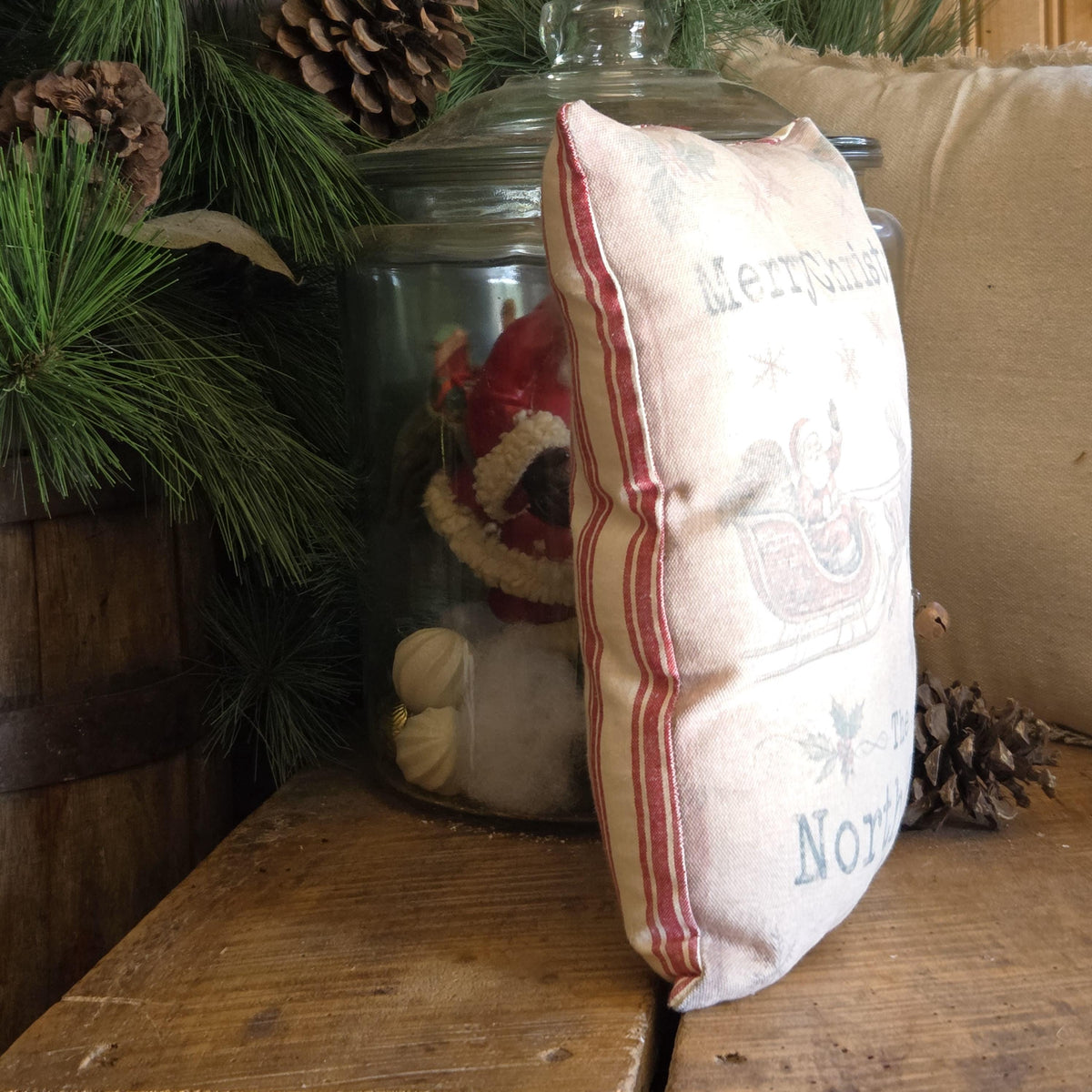 Vintage Santa Christmas Pillow, 12x8 North Pole Pillow, Handmade Christmas Decor, Red Ticking Farmhouse Folk Art Pillow