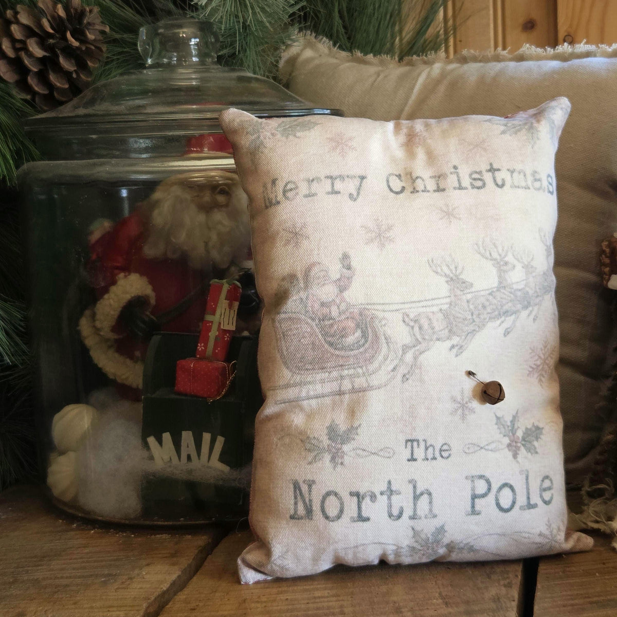 Vintage Santa Christmas Pillow, 12x8 North Pole Pillow, Handmade Christmas Decor, Red Ticking Farmhouse Folk Art Pillow