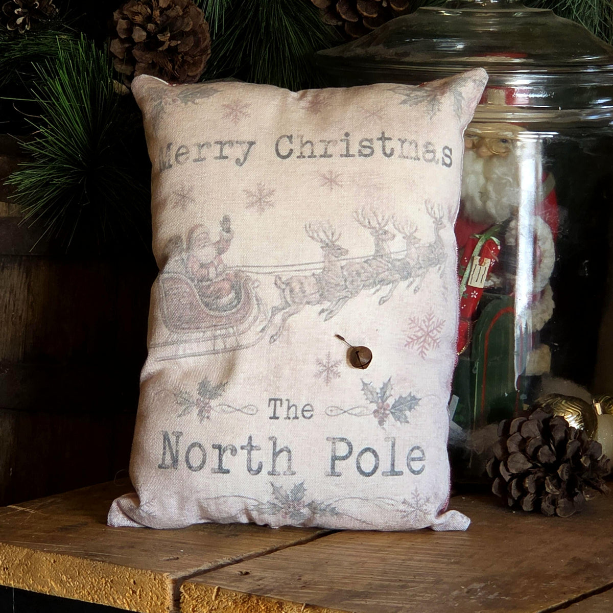 Vintage Santa Christmas Pillow, 12x8 North Pole Pillow, Handmade Christmas Decor, Red Ticking Farmhouse Folk Art Pillow