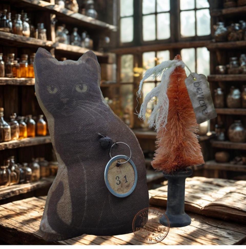 Primitive Halloween Black Cat & Orange Bottle Brush Tree | Cinnamon Grunged Folk Art | Handmade Rustic Halloween Decor